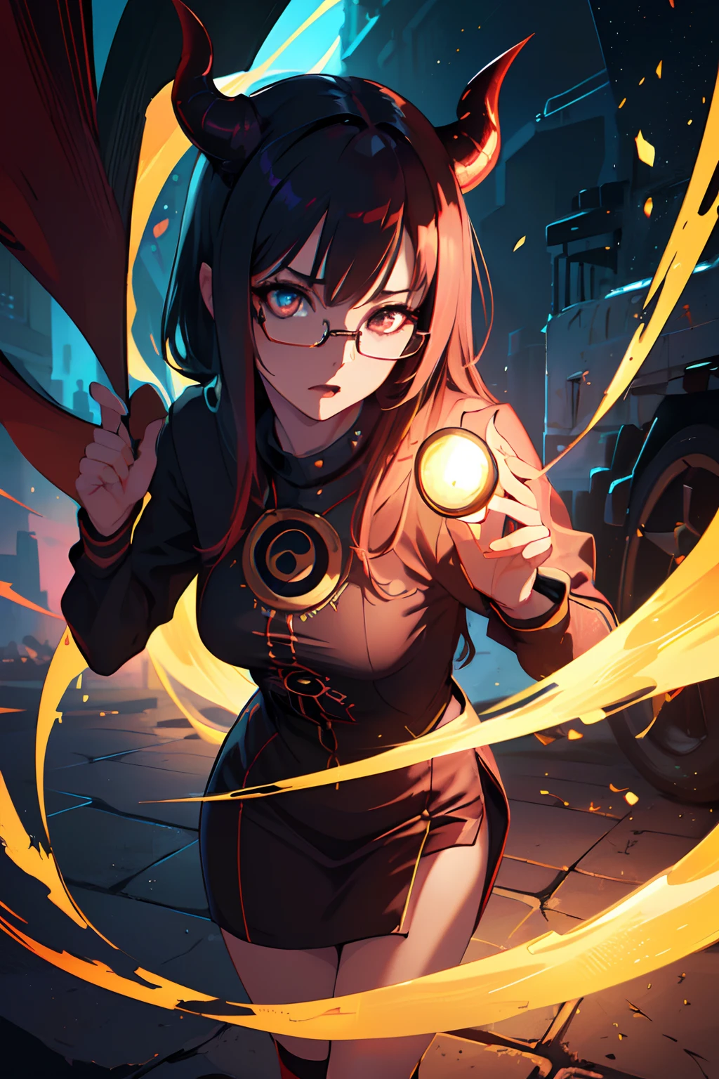 (best quality,4k,8k,highres,masterpiece:1.2), ultra-detailed, (realistic,photorealistic,photo-realistic:1.37), (sexy stewardship wisdom lord nerd girl,girl:1.1), standing, red, (lonely entity:0.9), (ancient fierce demon:1.1), many eyes, sexy, (glasses:1.1), blackhole, portrait, vivid colors, intense lighting