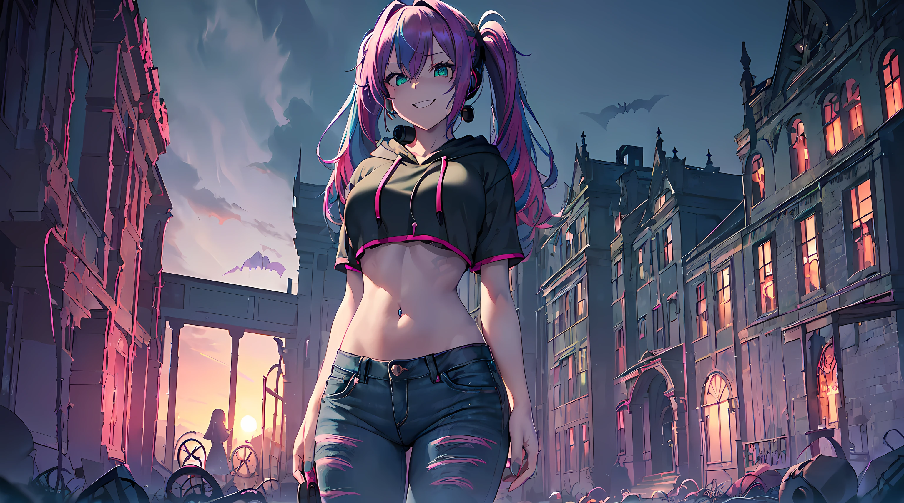 masterpiece, 1girl ((20year old, Black short sleeve hoodie exposes navel, tight blue jeans, medium breasts, multicolor pink hair, twin ponytails, green eyes, flirting, happy, big smile, headphones, standing in a graveyard at night, scary and abandoned old Victorian styles homes, dark and spooky Halloween atmosphere))