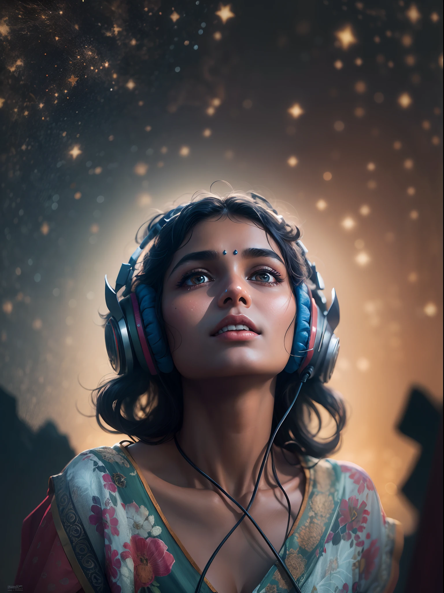 ((best quality)) , ((masterpiece)) , (detailed) , portrait, behance,close up of a slender (indian women:1.2) of Happiness with Supernova skin, French crop hair, Headphones, European mountains, Stars in the sky, horizon-centered, Screen print, Flustered, Suprematism, spotlit, Depth of field 100mm, Film grain, matte, MOBA style, absurdres, Concept Art World, 8k resolution