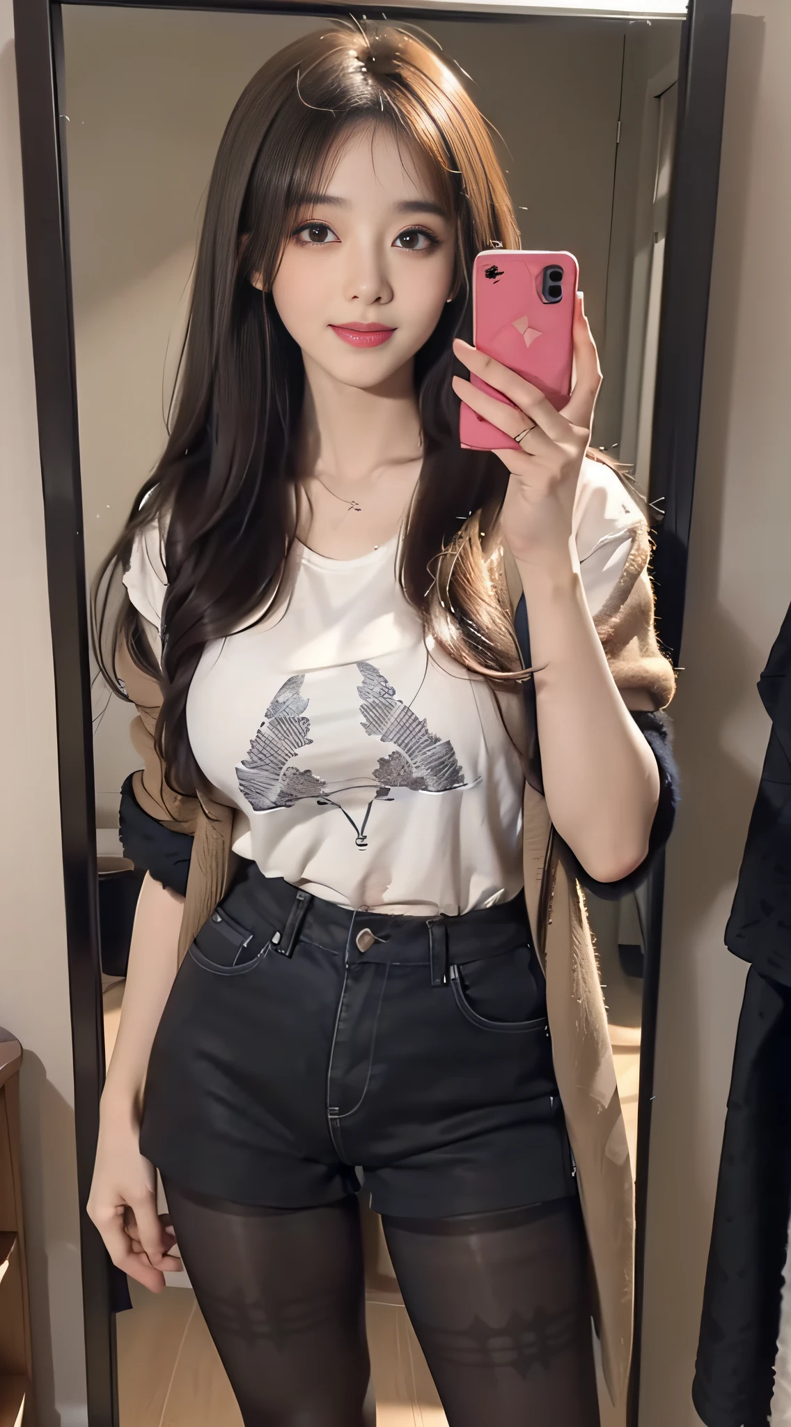 (((1girl in)):1.3),((anatomy correct):1.45),((In front of the mirror in the room):1.2),(Manset T-Shirt Shorts)、(Torn low-rise black shorts:1.2),((((((Patterned))))) ,(pantyhose):1.3),( Camel colored boots:1.1),Structurally correct, high detailing, super detailing, (wool coat:1.2)、((A smile))、full body Esbian、Beautiful Face Woman、32years old、((very Bigger breasts))、pointed chest、long eyeslashes、Colorcon、Big 、Very detailed eyes、Highly detailed eyebrows、(Sharp Eyebrows)、(Thin eyebrows)brunette disheveled hair、