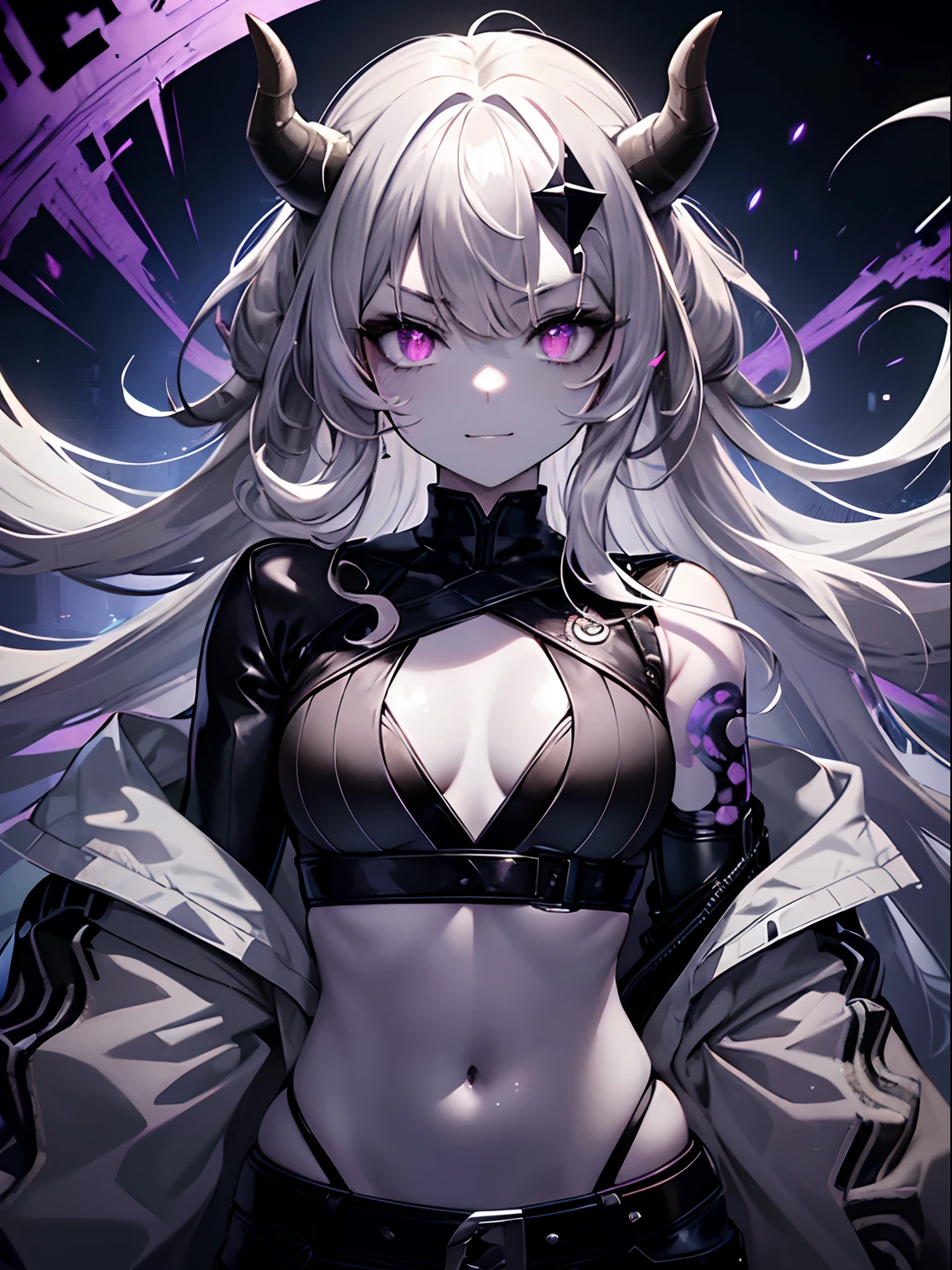 (masterpiece,best quality,ultra-detailed),1girl,smirk, glowing eyes,dark purple eyes,white and silver and grey hair and black hair,curly hair,(messy hairstyle),oni horns,crop top, jacket,(colored skin,blue-gray skin), beautiful and detailed face, detailed eyes,((petite)),small chest,