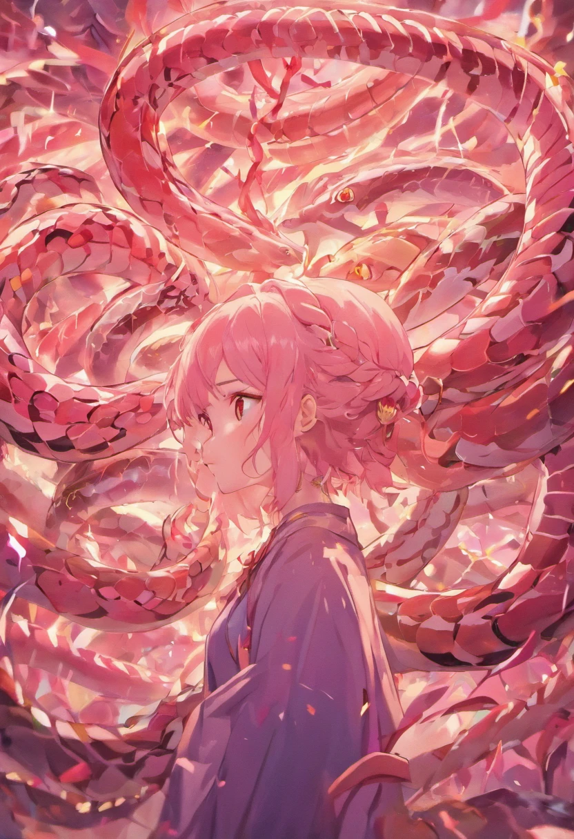 A human face，Surrounded by snakes，Pink，Light it up，