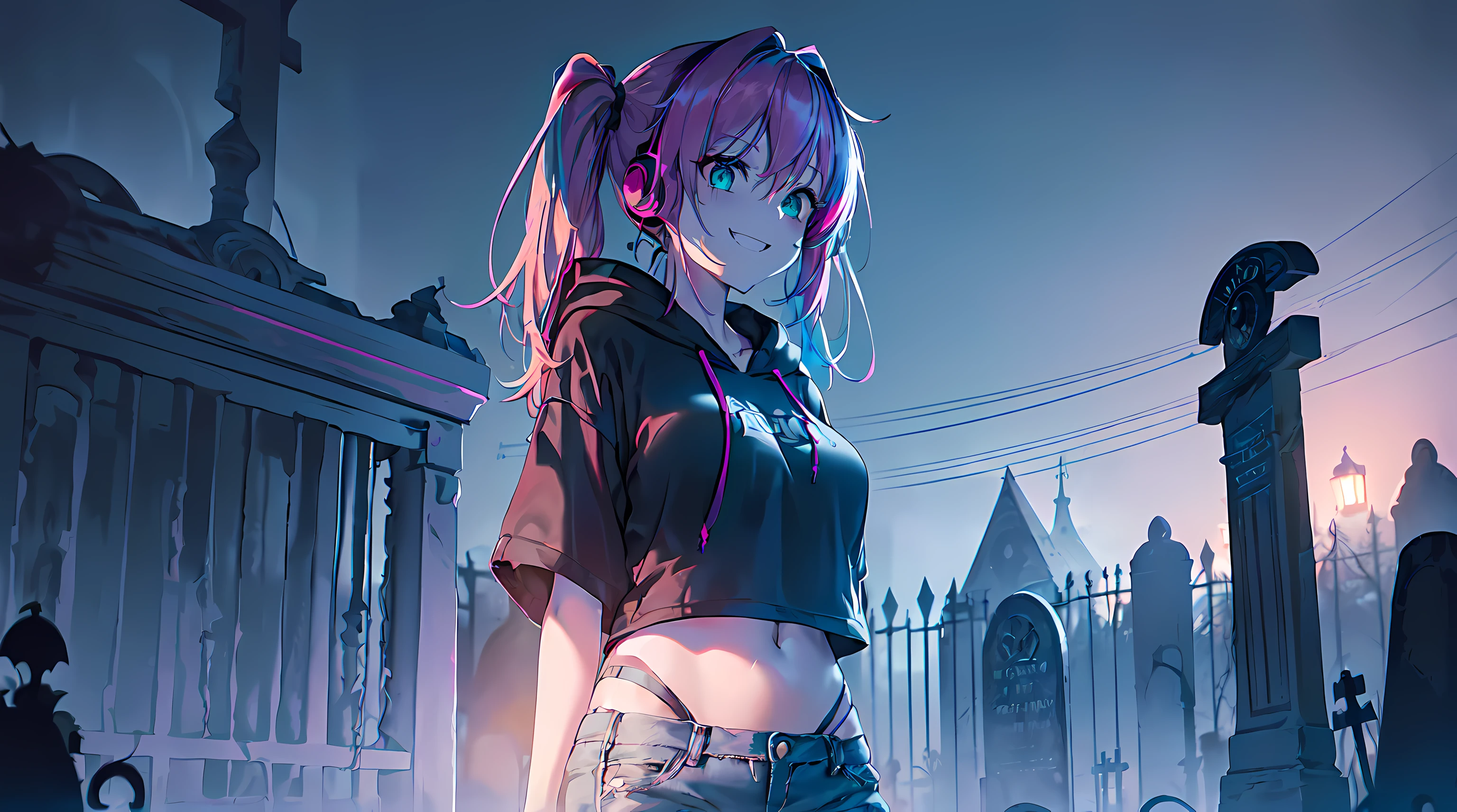 masterpiece, 1girl ((20year old, Black short sleeve hoodie exposes navel, tight blue jeans, medium breasts, multicolor pink hair, twin ponytails, green eyes, flirting, happy, big smile, headphones, sittng on tombstone in a graveyard at night, very scary and abandoned old Victorian styles homes, dark and spooky, creepy Halloween orange atmosphere))