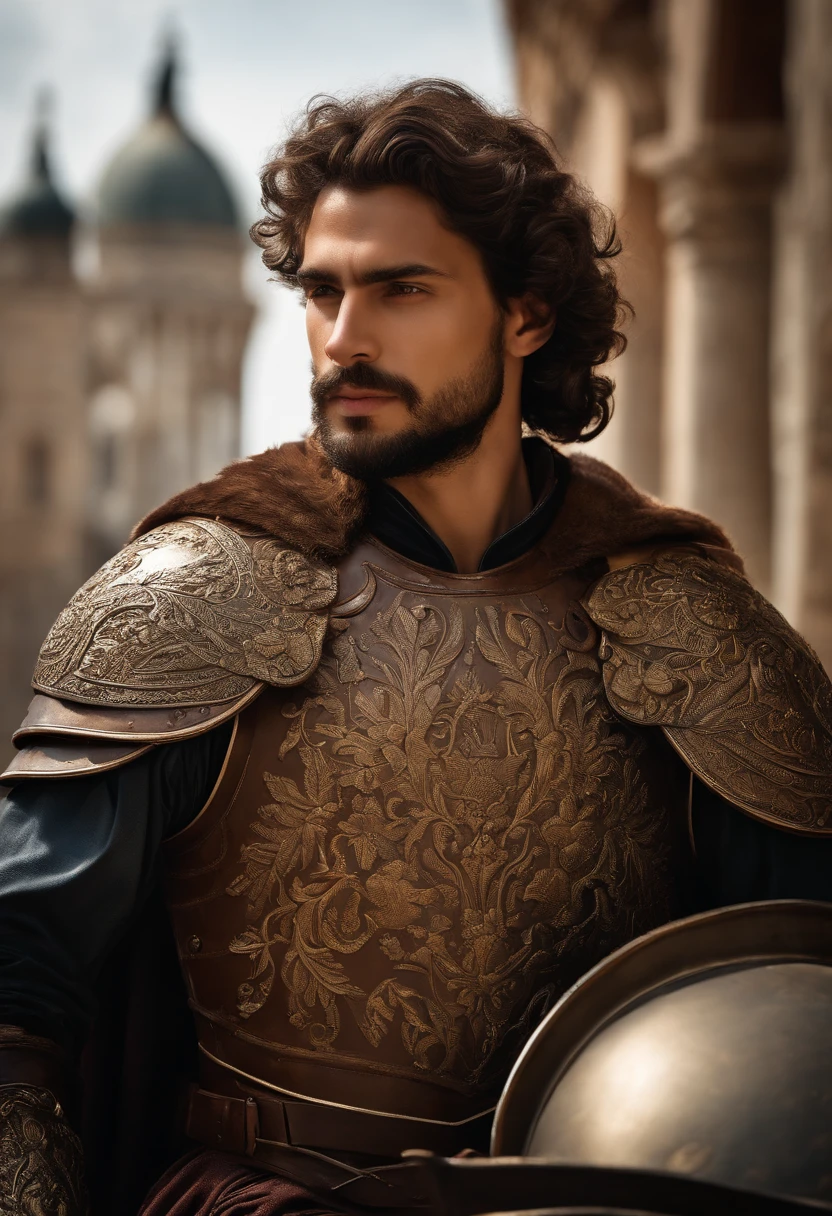 Italian man with beard, slight smirk, smirk, young, smile, curly hair, olive skin, tan skin, shoulder length hair, laminar leather armour, bright skies, brown hair, short beard, renaissance, renaissance armour, Venice, renaissance city, Italian city, Italy, scar, modelshoot style, (extremely detailed CG 8k wallpaper), most beautiful artwork in the world, portrait, trend at ArtStation, trend at CGSociety, Intricate, High Detail, Sharp Focus, Dramatic and Photorealistic Painting Art