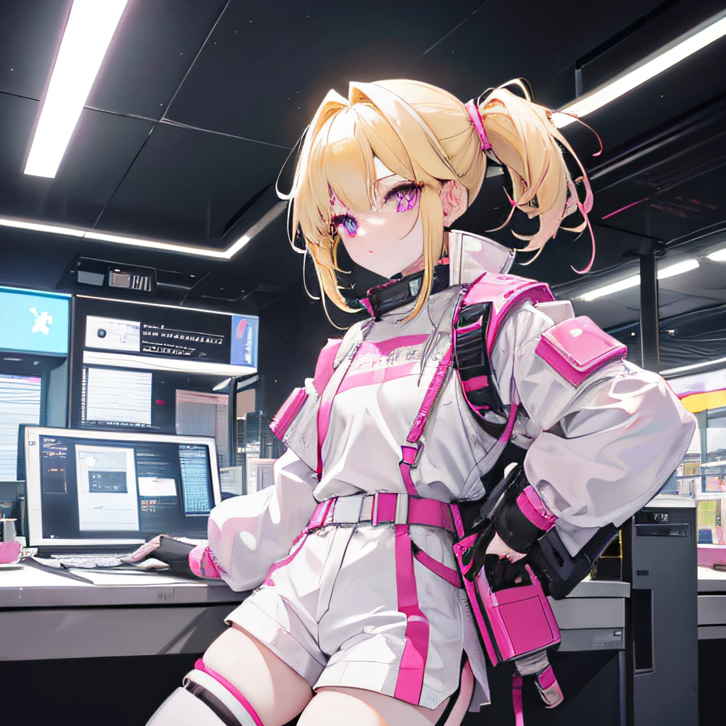 Light yellow hair，Double ponytail hairstyle，Pink eyes，Pink pupils，teens girl，white  clothes，Wear high-tech armor and shorts，short white pants，Science fiction elements，Armed with a gun