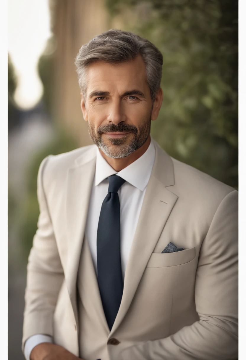 realistic portrait of middle-aged business professional, 100 ponds of weight, professionally dressed in a suit and tie, high-quality, highest resolution, looking straight into the camera, standing position, professional, beautiful detailed eyes slightly brownish, beautiful detailed lips, short beard, graying short hair, kind expression, warm smile, distinguished look, proper lighting, plain background, canvas medium, ultra-detailed texture,masterpiece:1.2