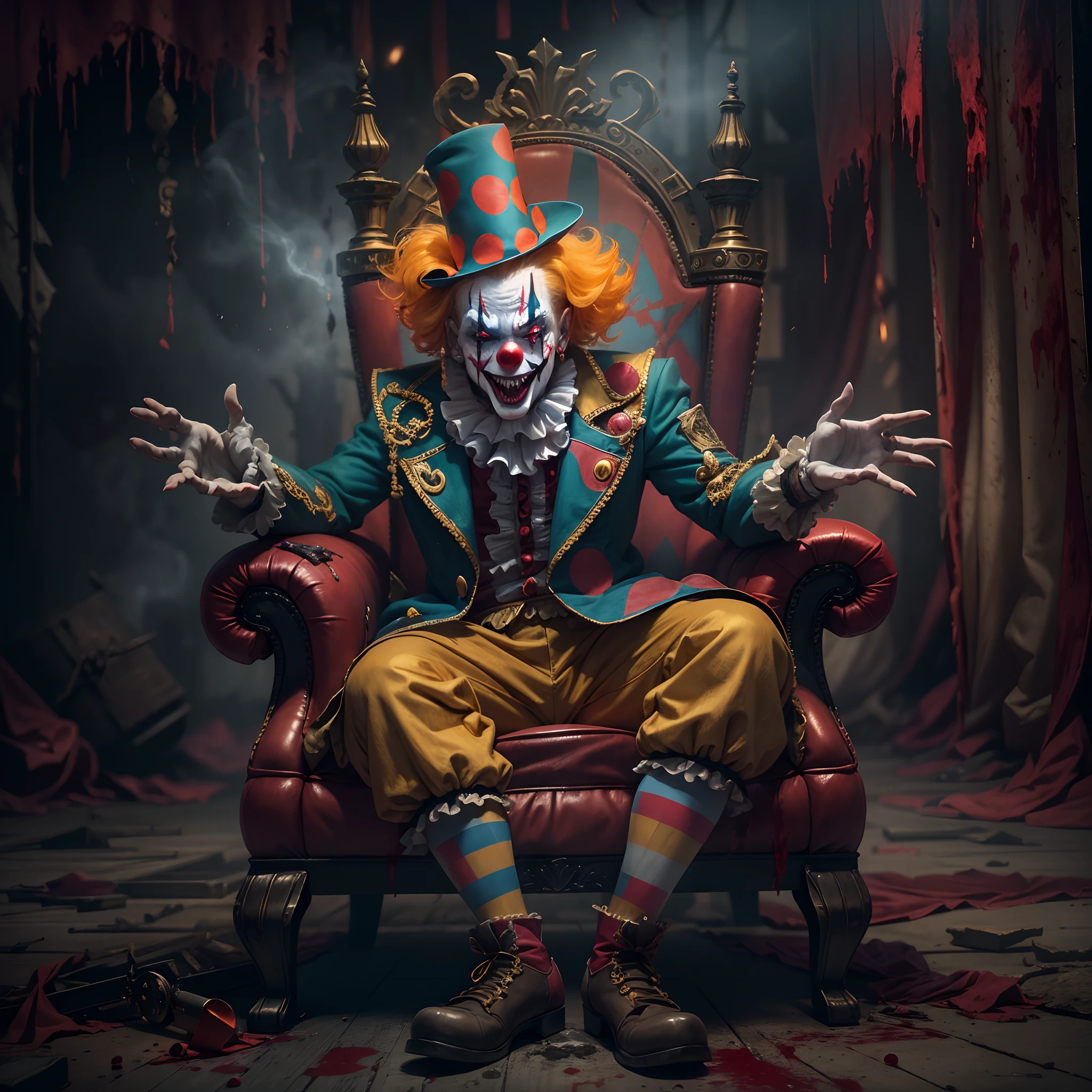 (Crazy clown), sitting on a golden throne, Wear a clown hat, Wear clown costumes, Metal hands,Circus props,Laughing, Deep blonde hair.((Blood spray)),(Spooky atmosphere),Haunted ruins background. Surrealist style, vivd colour,Sharp contrast, ominous lighting, high-density imaging review, Ultra-high definition, Studio lighting,physically-based renderingt, Extreme detail description, professional (scary style)