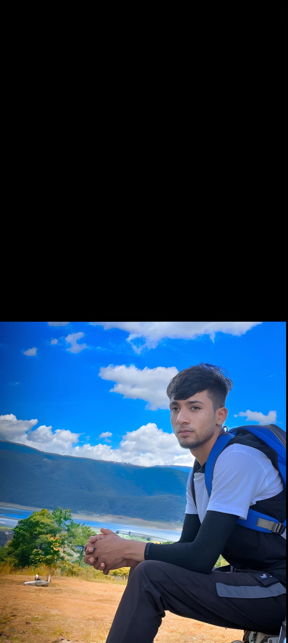 arafed man sitting on a motorcycle with a blue backpack, without helmet, photograpgy, profile picture 1024px, edited in photoshop, in front of a forest background, motorbiker, taken with sony alpha 9, photography, hdr photo, photo taken with canon 5d, portrait shot 8 k, biker, screensaverrealistic