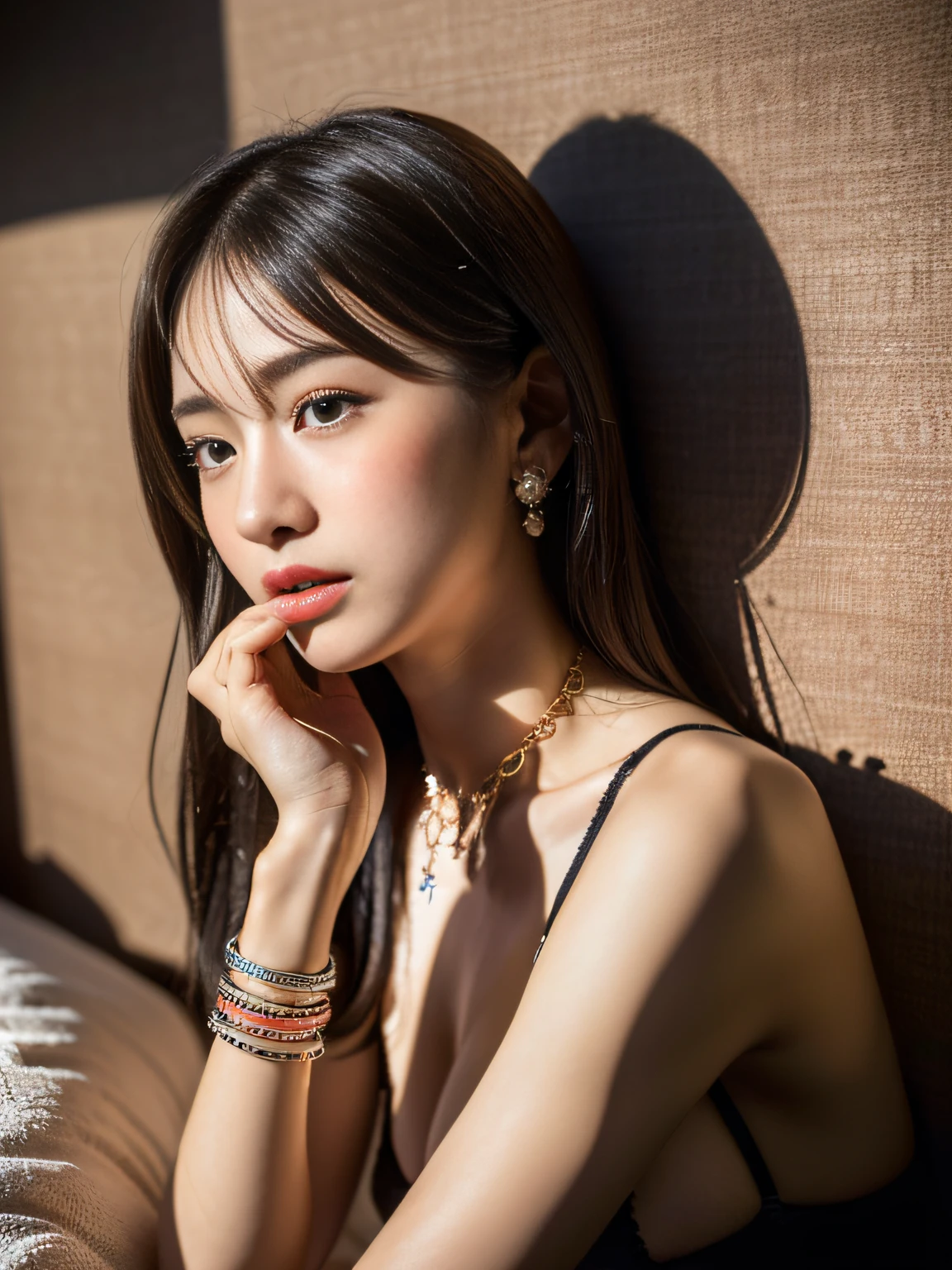 (masterpiece:1.3), (8 thousand, realistic, RAW photos, best quality: 1.4), (1 woman),(very sexy), (Beautiful makeover), (유난히 아름다운 realistic 얼굴), (Build a beautiful body) , (beautiful face), (beautiful face),  (long eyelashes),  (double eyelid), (realistic face), (black hair. parted, long hair:1.3), (아름다운 parted스타일), (realistic eyes), (really beautiful and delicate eyes), (beautiful and big breasts),(realistic skin), (beautiful skin), (absurd), (attractive), (ultra high resolution), (extremely realistic), (very detailed), (golden ratio),   (necklace),  (earring), (So beautiful and sexy)