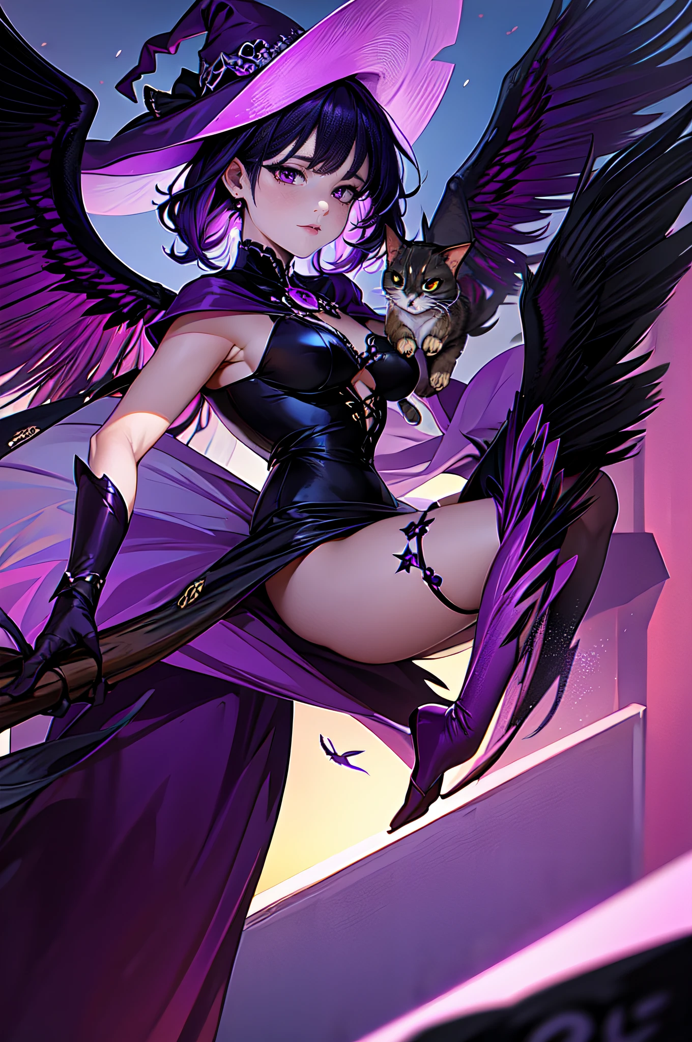 A Witch with Purple Hair, Wings of demons and a cat in his arms