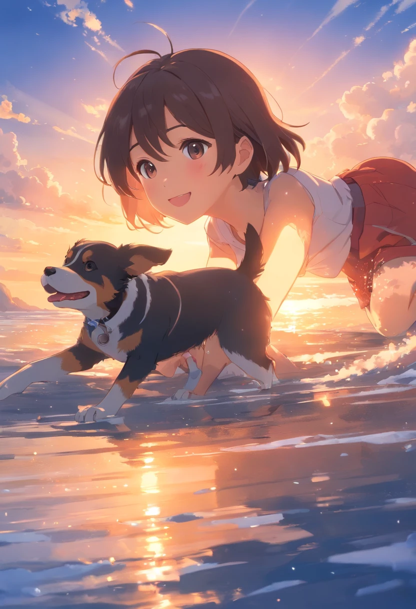 masterpiece、top-quality、Movie stills、Dog face、youth、Icon-like、floating in sky、a closeup、发光、happiness、Warm soft lighting、the setting sun、(Spark:0.7)