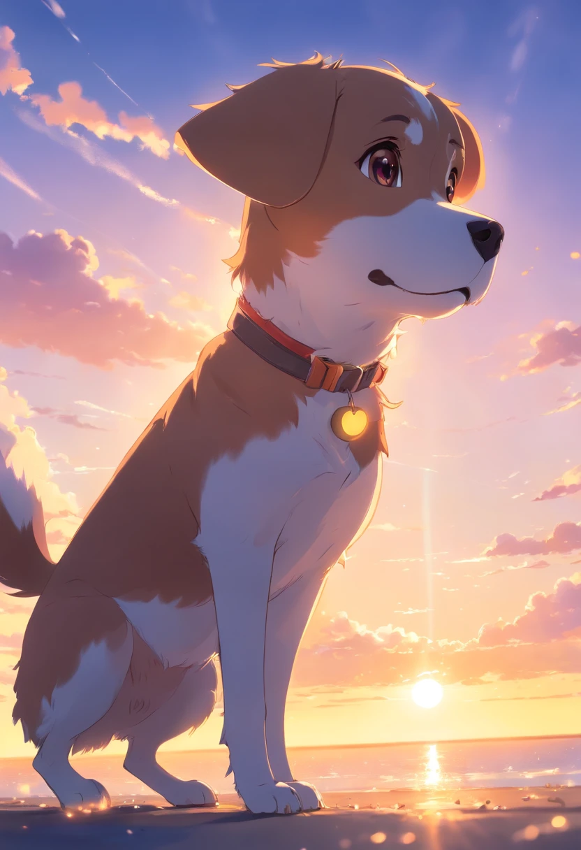 masterpiece、top-quality、Movie stills、Dog face、youth、Icon-like、floating in sky、a closeup、发光、happiness、Warm soft lighting、the setting sun、(Spark:0.7)