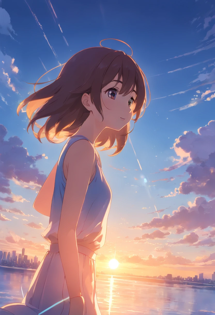 masterpiece、top-quality、Movie stills、Dog face、youth、Icon-like、floating in sky、a closeup、发光、happiness、Warm soft lighting、the setting sun、(Spark:0.7)