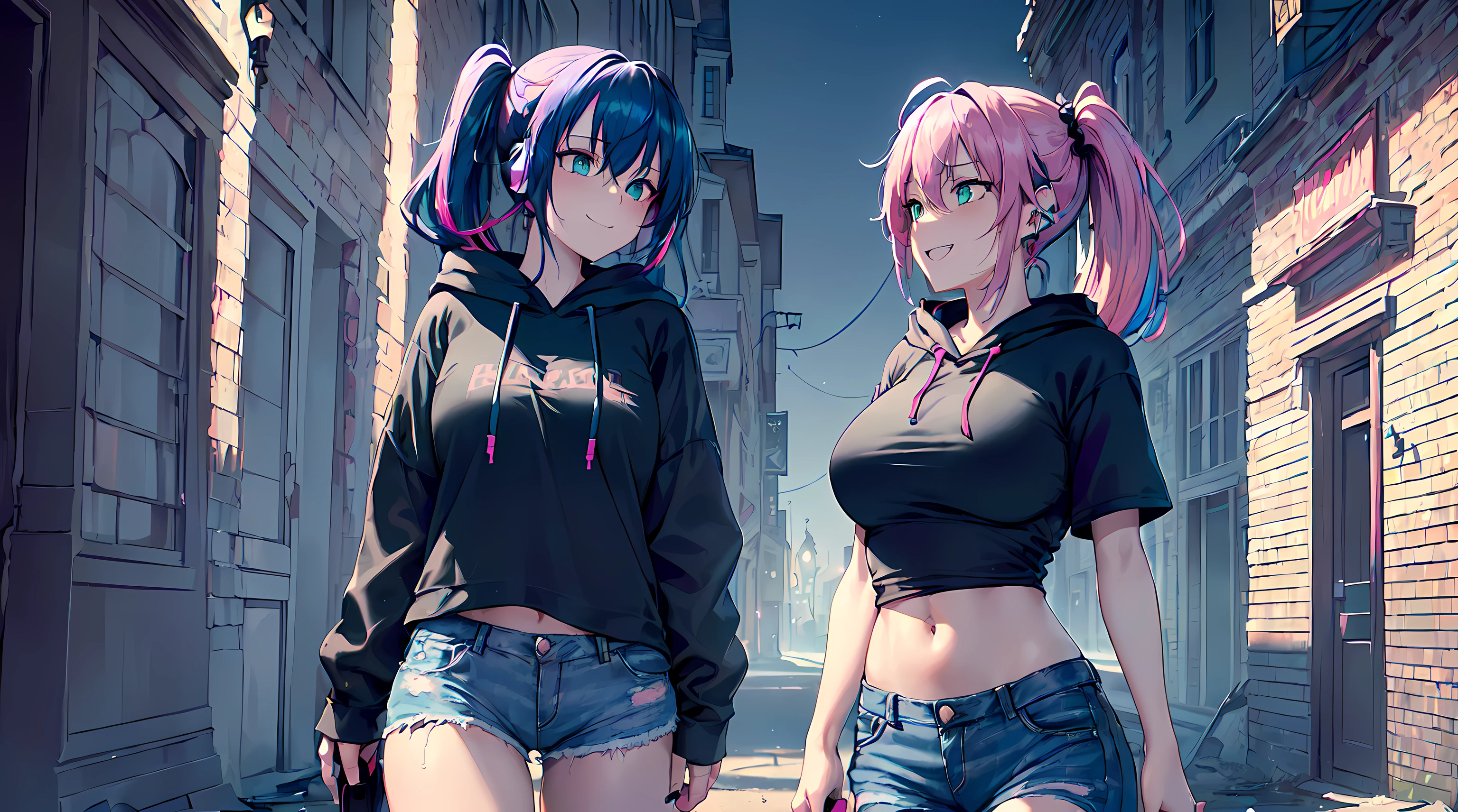 masterpiece, 1girl ((20year old, Black short sleeve hoodie exposes navel, tight blue jeans, medium breasts, multicolor pink hair, twin ponytails, green eyes, flirting, happy, big smile, headphones, walking in a street at night, very scary and abandoned old Victorian styles homes, dark and spooky, creepy Halloween atmosphere))