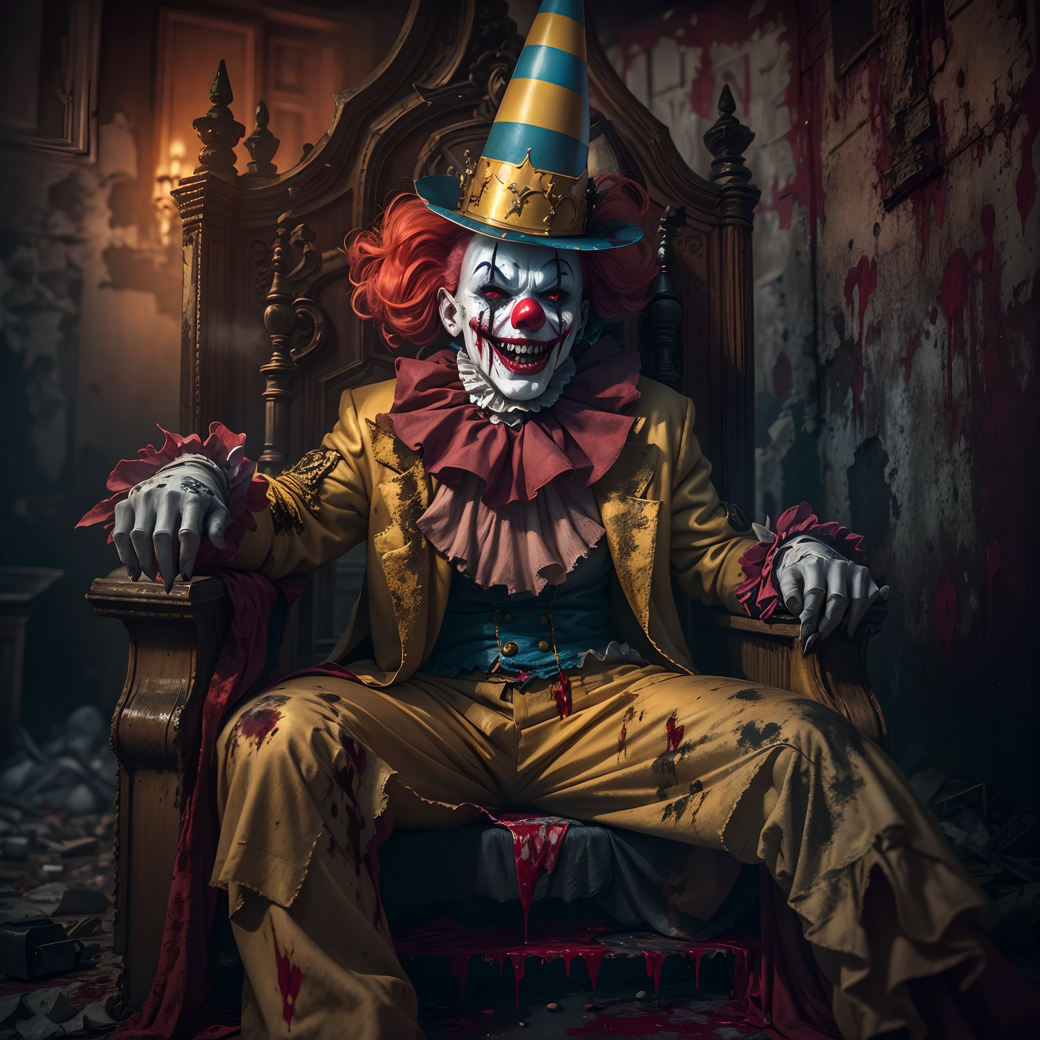 (Crazy clown), sitting on a golden throne, Wear a clown hat, Wear clown costumes, Metal hands,Circus props,Laughing, Deep blonde hair.((Blood spray)),(Spooky atmosphere),Haunted ruins background. Surrealist style, vivd colour,Sharp contrast, ominous lighting, high-density imaging review, Ultra-high definition, Studio lighting,physically-based renderingt, Extreme detail description, professional (scary style)