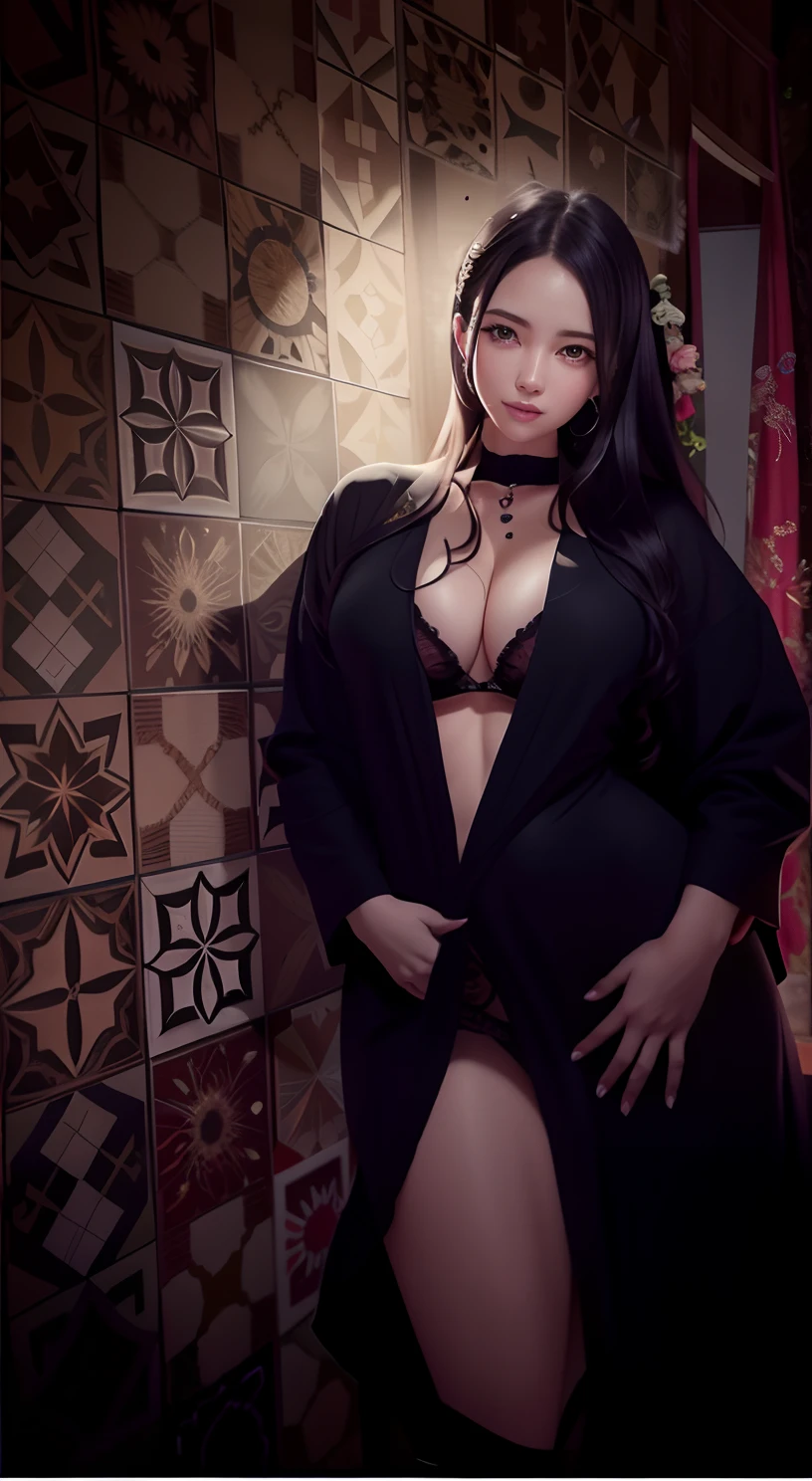 There's a woman in a black robe posing for a photo, in robes, vestindo manto preto, modelo plus size sedutor, wearing black silk robe, clad in robes, vestindo um manto preto, vestindo manto de seda escuro, angelawhite, vestindo vestes de seda pretas, curvy model, posando em um quarto, Cinematic Goddess Body Shot, vestido com um manto