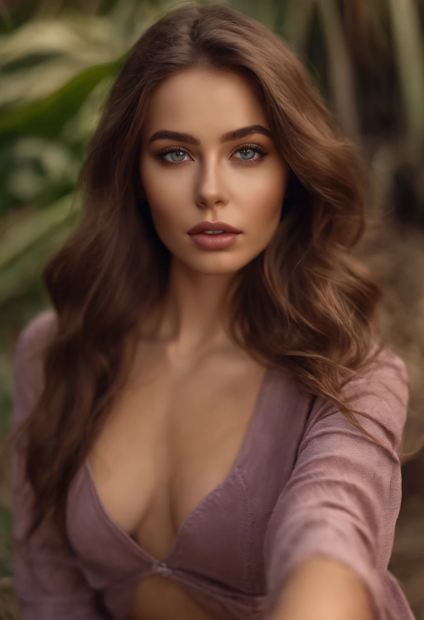 arafed woman fully , sexy lady with brown eyes, ultra realistic, meticulously detailed, portrait sophie mudd, brown hair and large eyes, selfie of a young woman, outside beach eyes, violet myers, with light makeup, natural makeup, looking directly at the camera, face with artgram, subtle makeup, stunning poses on the beach, medium to large size bust