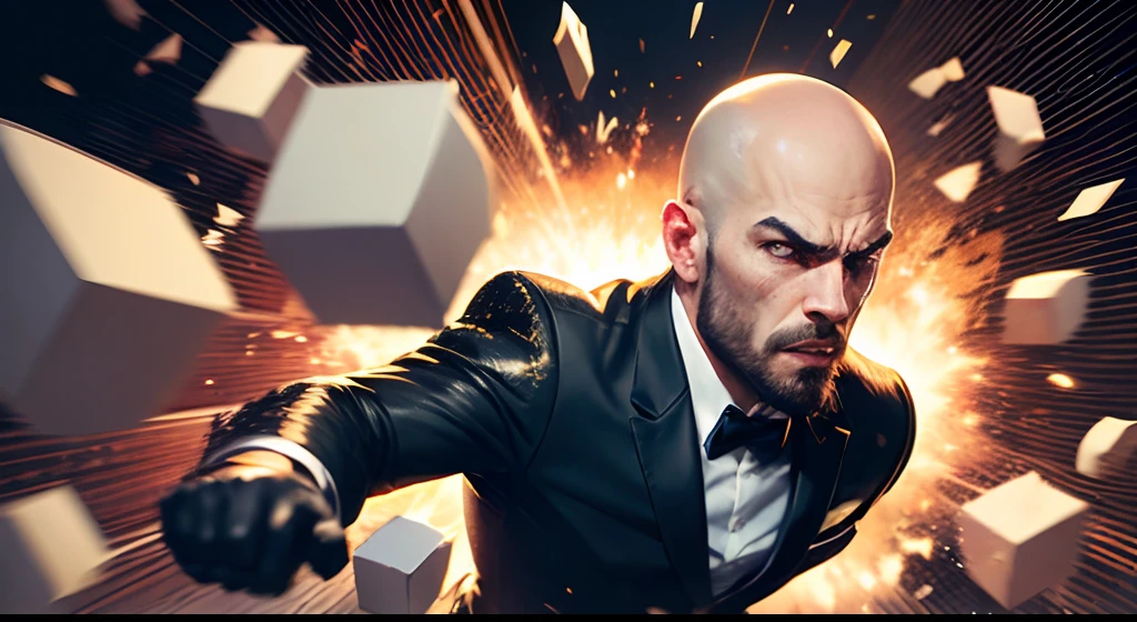 a bald, sporty handsome boxer in a suit and gloves shattering boxes, exploding pieces flying in the air