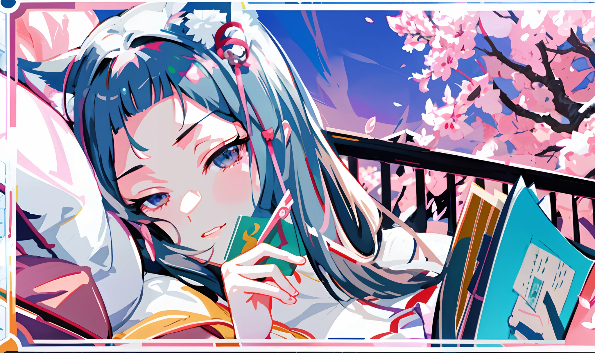 anime girl with long gray hair and cat ear and brown ayes reading a book in bed, official artwork hdr, hasanabi, haruno sakura, marin kitagawa fanart, harumi, inspired by Hong Ren, inspired by Hanabusa Itchō, banner, best anime 4k konachan wallpaper, 8k!!, ; visual novel, harem, kawacy, sakura haruno