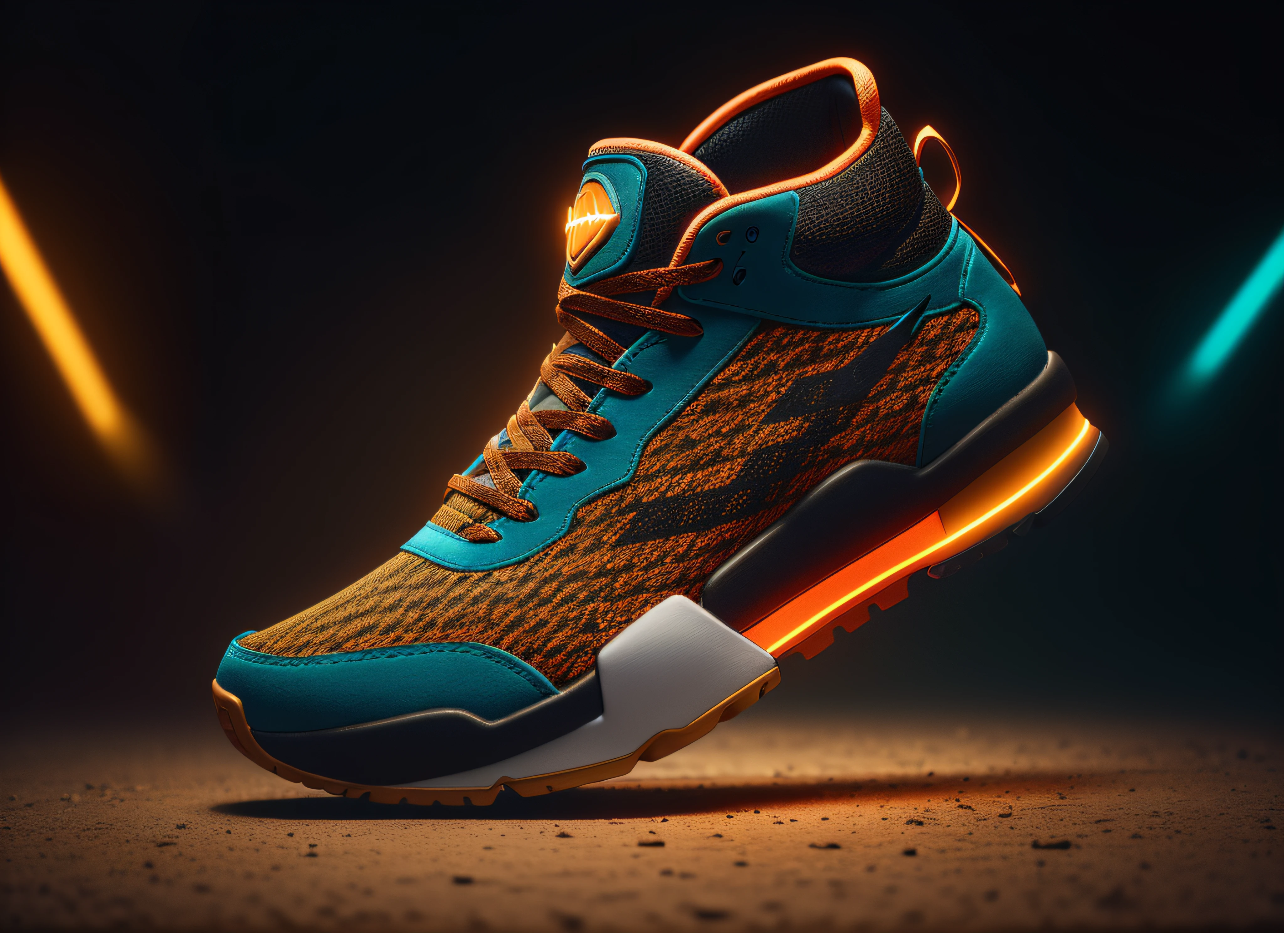 product photography of a cybepunk sneaker, epic rendering, octane, atmosphere, particles, soft volumetric lights, (backlit:1.3), (cinematic:1.3), intricate details of neon orange and black gold colors, detail,(side view),center of page