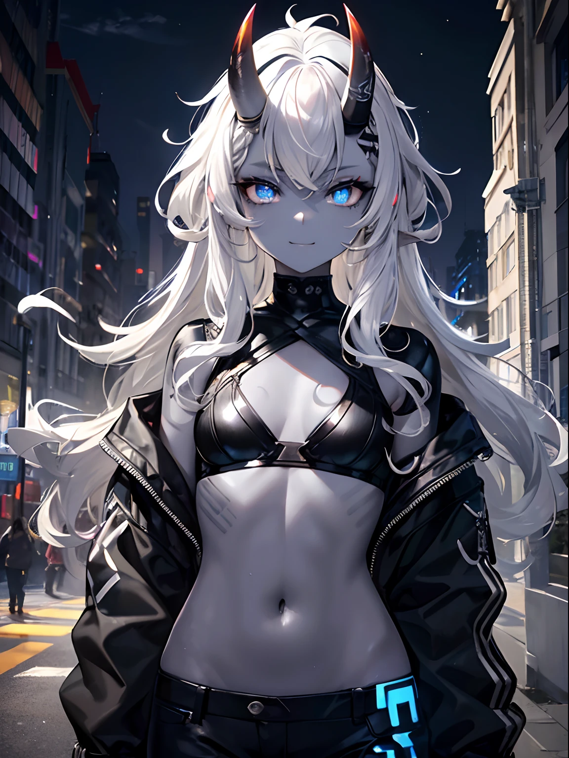 (masterpiece,best quality,ultra-detailed),1girl,smirk, glowing eyes,white and silver and grey hair and black hair,curly hair,(messy hairstyle),oni horns,crop top, jacket,(colored skin,blue-gray skin), beautiful and detailed face, detailed eyes,((petite)),small chest,