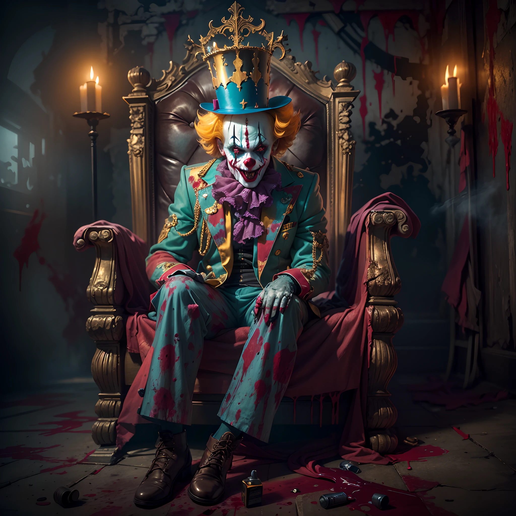 (Crazy clown), sitting on a golden throne, Wear a clown hat, Wear clown costumes, Metal hands,Circus props,Laughing, Deep blonde hair.((Blood spray)),(Spooky atmosphere),Haunted ruins background. Surrealist style, vivd colour,Sharp contrast, ominous lighting, high-density imaging review, Ultra-high definition, Studio lighting,physically-based renderingt, Extreme detail description, professional (scary style)