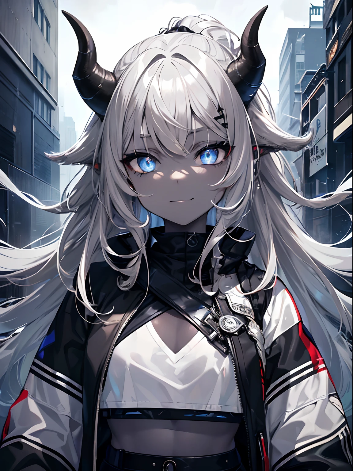 (masterpiece,best quality,ultra-detailed),1girl,smirk, glowing eyes,white and silver and grey hair and black hair,curly hair,(messy hairstyle),oni horns,crop top, jacket,(colored skin,blue-gray skin), beautiful and detailed face, detailed eyes,((petite)),((loli)),small chest,