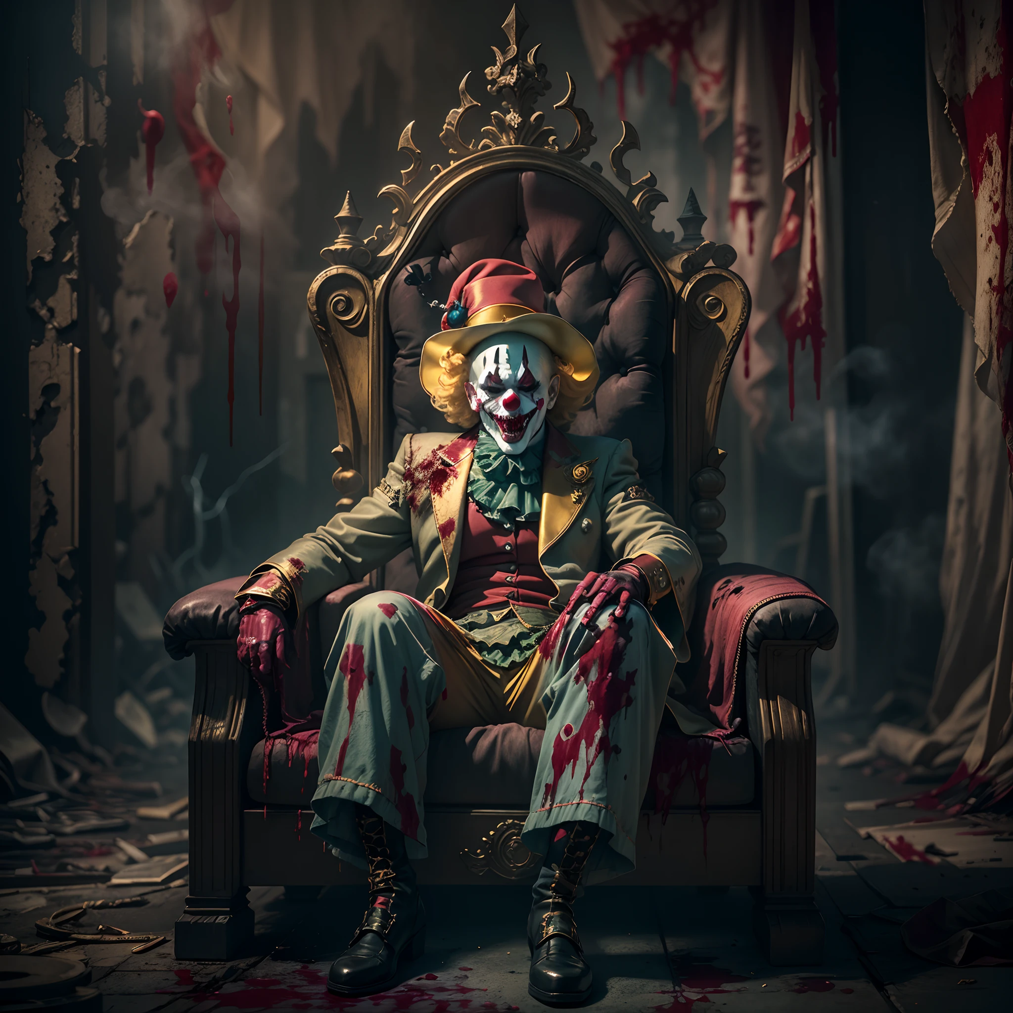 (Crazy clown), sitting on a golden throne, Wear a clown hat, Wear clown costumes, Metal hands,Circus props,Laughing, Deep blonde hair.((Blood spray)),(Spooky atmosphere),Haunted ruins background. Surrealist style, vivd colour,Sharp contrast, ominous lighting, high-density imaging review, Ultra-high definition, Studio lighting,physically-based renderingt, Extreme detail description, professional (scary style)