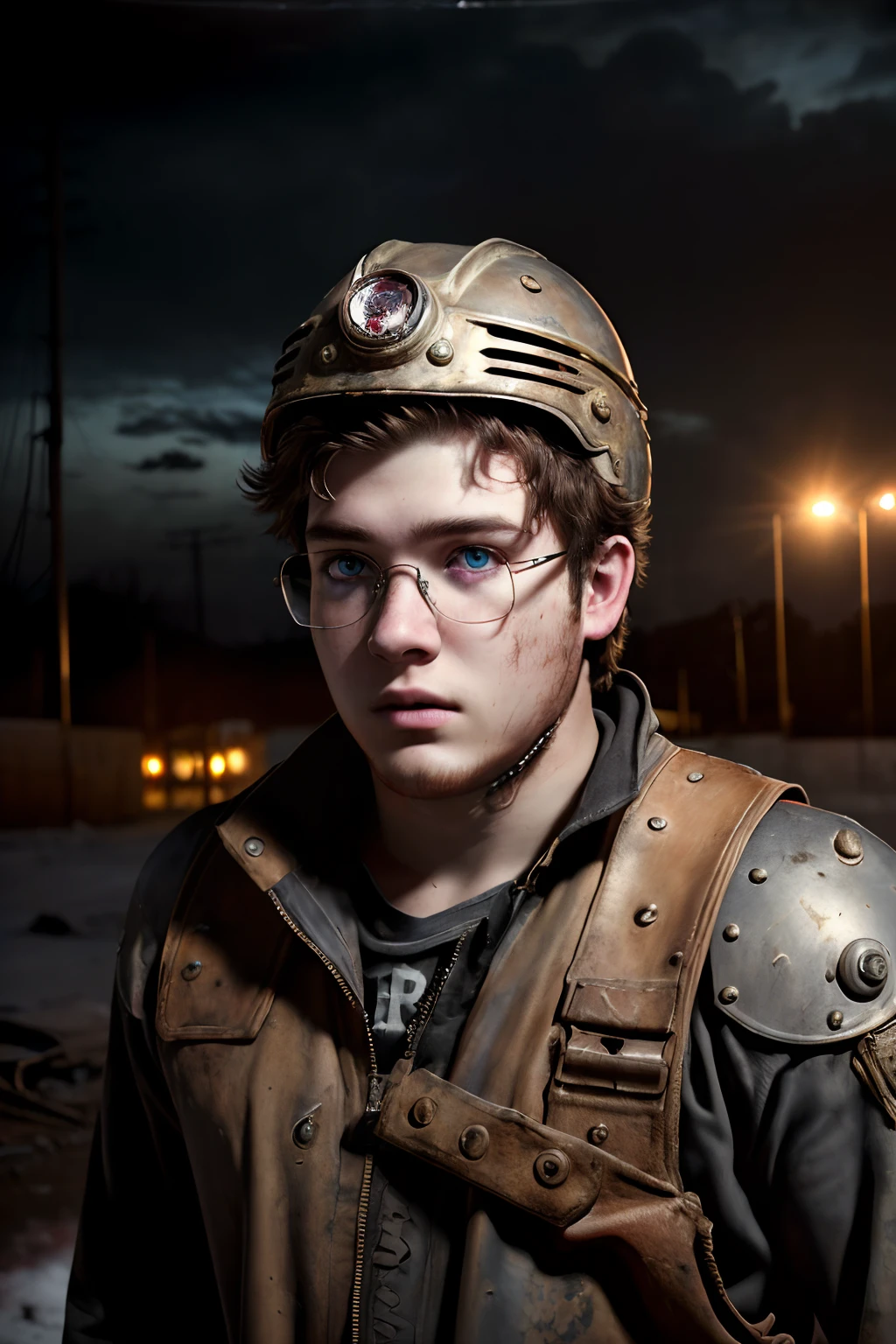 (realistic photo:1.5), (((high resolution photo))), (((extremely detailed))), ((masterpiece)), dramatic shadows, depth of field, 35 mm, (((best quality))), highly detailed, postapocalyptic eastern boy, steampunk aesthetic, torn dirty clothes, hockey helmet, glasses, fat, plump, corpulent physique, (very short dirty hair), depth of field, (Focus: 1.2), full body shot, unzoomed, ((bravery look)), dark atmosphere, Armageddon, increase cinematic lighting, detailed face and skin texture, fine eyes, naturally skin, random hair colour, doomsday aura, vivid colors