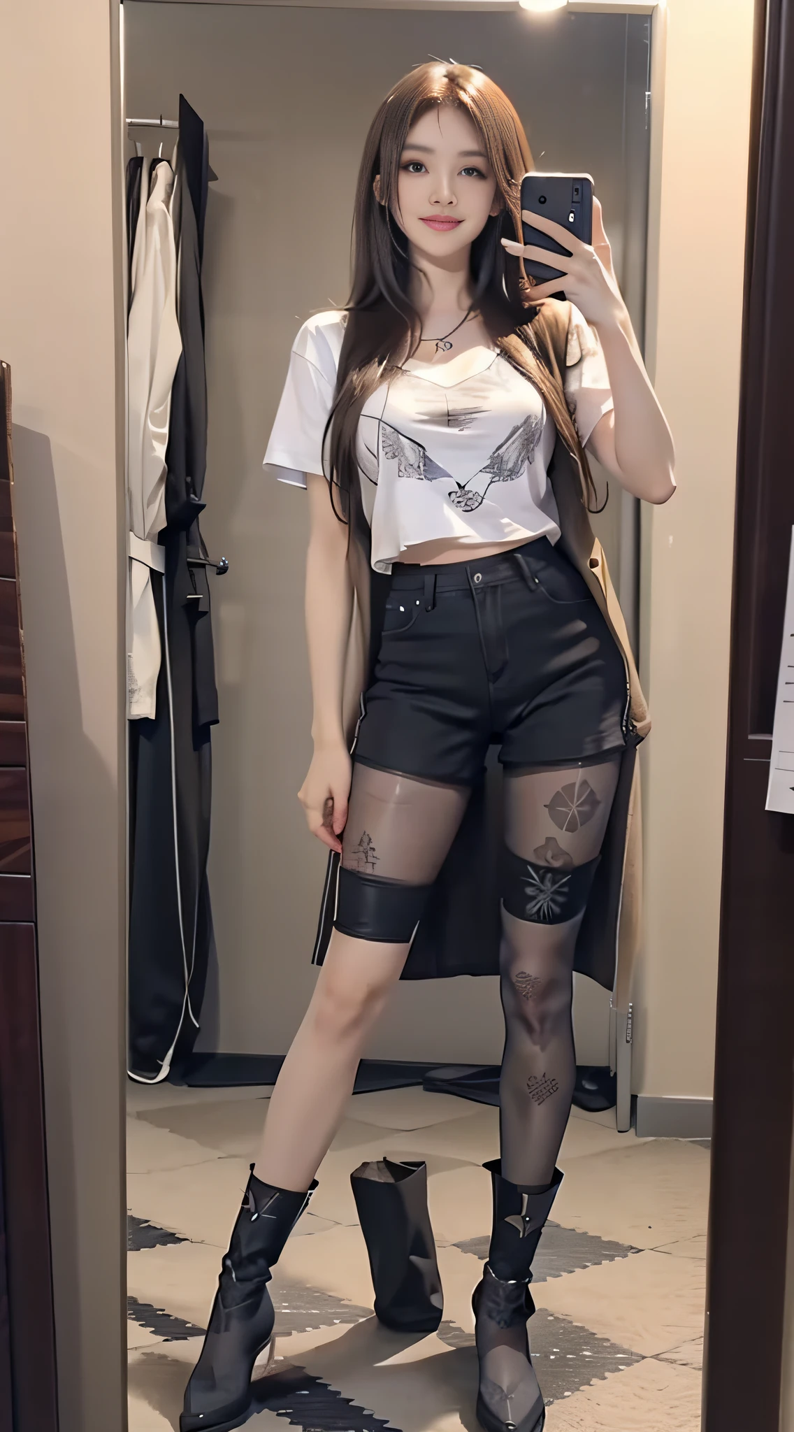 (((1girl in)):1.3),((anatomy correct):1.45),((In front of the mirror in the room):1.2),(Shy:1.15),(Manset T-Shirt Shorts)、(Torn low-rise black shorts:1.2),((((((Patterned))))) ,(pantyhose):1.3),( Camel colored boots:1.1),hyper HD, Ray traching, reflective light, Structurally correct, high detailing, super detailing, High quality, high detailing, (wool coat:1.2)、Best Quality,((A smile))、full body Esbian、Beautiful Face Woman、32years old、((very Bigger breasts))、pointed chest、long eyeslashes、Colorcon、Big 、Very detailed eyes、Highly detailed eyebrows、(Sharp Eyebrows)、(Thin eyebrows)brunette disheveled hair、
