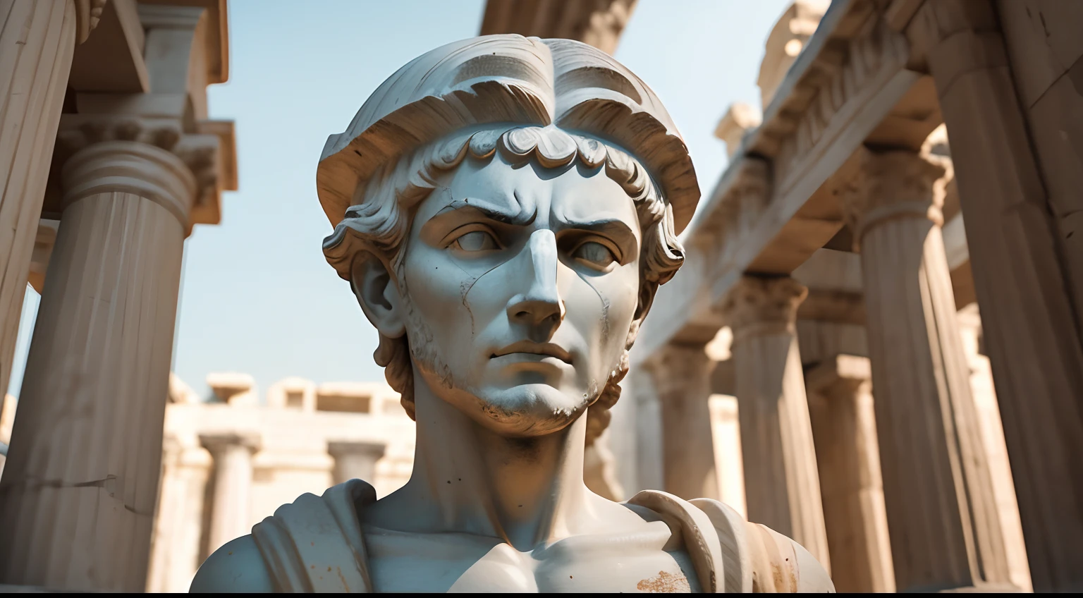Ancient Greek statue with angry expression, Ambiente escuro, ao ceu aberto, 35 mm, corpo inteiro, lateralmente, com rosto extremamente detalhado, Colors with low saturation with dark tone, Filmado em Sony A7S III com Sony FE 35mm f/1.8, 12.1 MP, --AR 3:2 --estilo cru