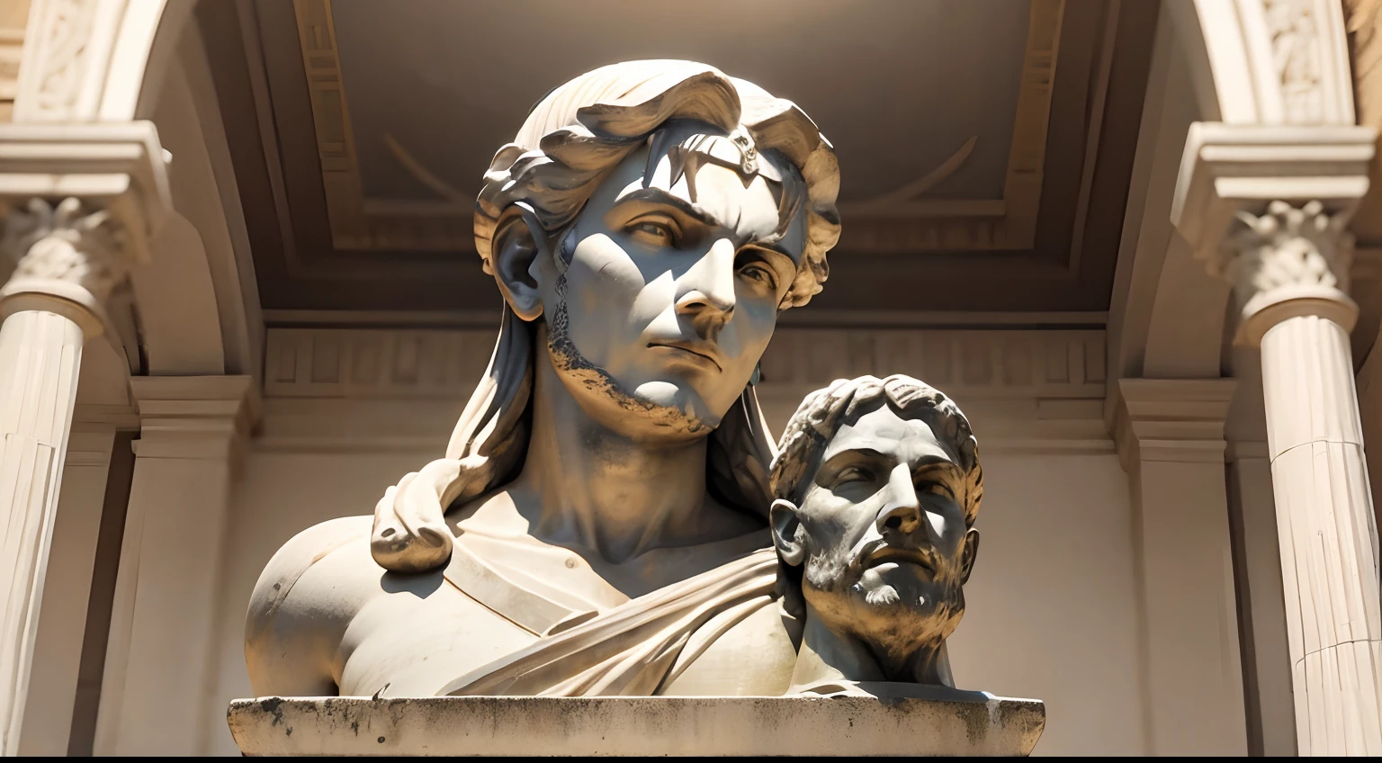 Ancient Greek statue with angry expression, Ambiente escuro, ao ceu aberto, 35 mm, corpo inteiro, lateralmente, com rosto extremamente detalhado, Colors with low saturation with dark tone, Filmado em Sony A7S III com Sony FE 35mm f/1.8, 12.1 MP, --AR 3:2 --estilo cru
