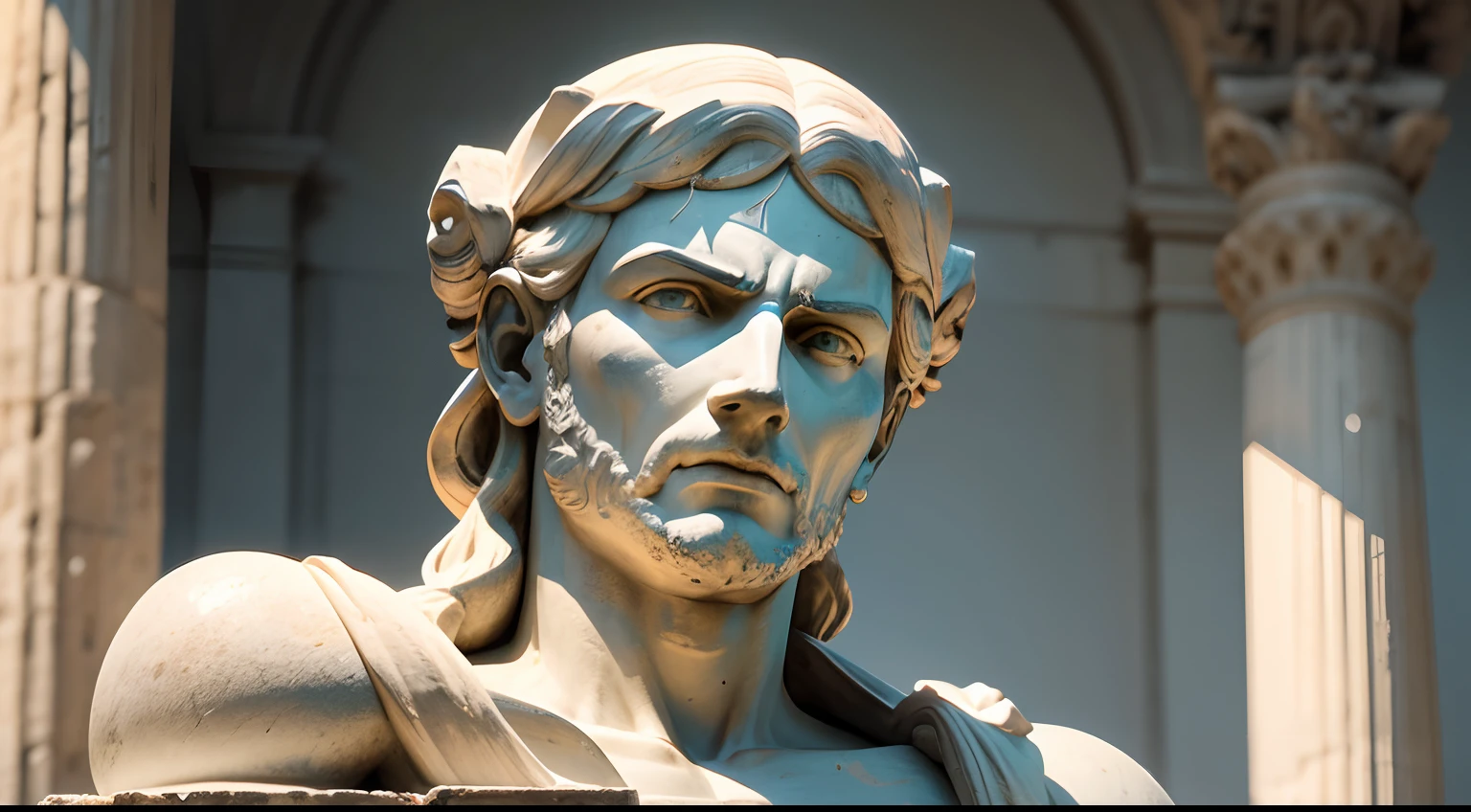 Ancient Greek statue with angry expression, Ambiente escuro, ao ceu aberto, 35 mm, corpo inteiro, lateralmente, com rosto extremamente detalhado, Colors with low saturation with dark tone, Filmado em Sony A7S III com Sony FE 35mm f/1.8, 12.1 MP, --AR 3:2 --estilo cru
