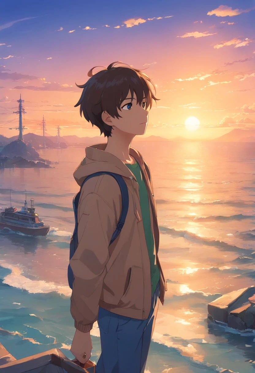 masterpiece、top-quality、Movie stills、Dog face、youthfulness、Icon-like、floating in sky、a closeup、发光、Happiness、Warm and soft lighting、the setting sun、(Spark:0.7)、(28 year old、youth)、male people