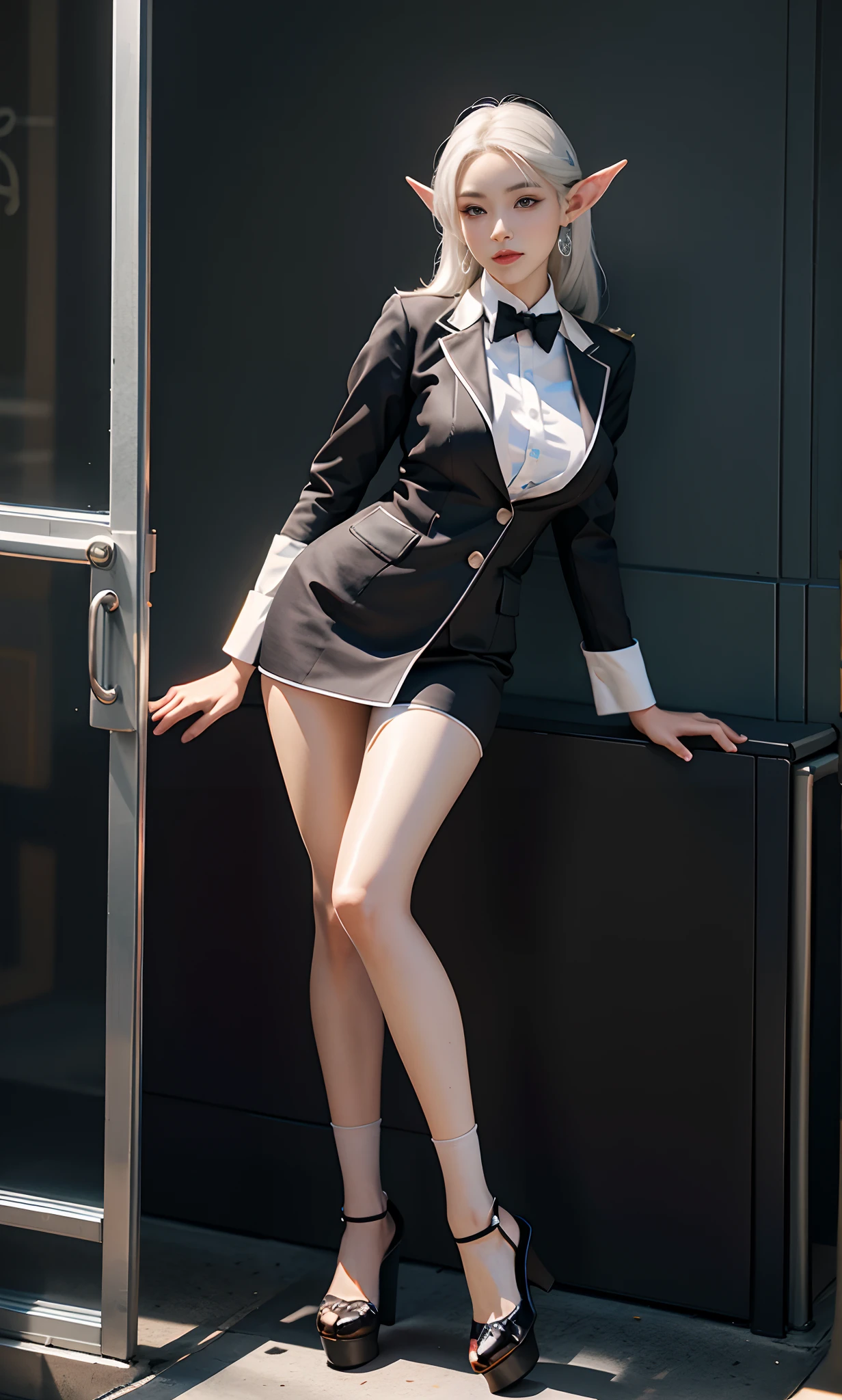(Extremely normal body:2.0)office room:1 Elf beauty,flightattendantuniform,(ears of elf),Short silver-white hair,flightattendantuniform),Black short stockings,Black socks, Black socks,Translucent black socks,Platform heeled sandals,Normal feet , very detailed eyes and faces, Sharp pupils, realistic pupil, tack sharp focus, cinmatic lighting,full bodyesbian,Bigboobs,long leges,From the front side,dynamicposes,Normal posture,closeup of face
