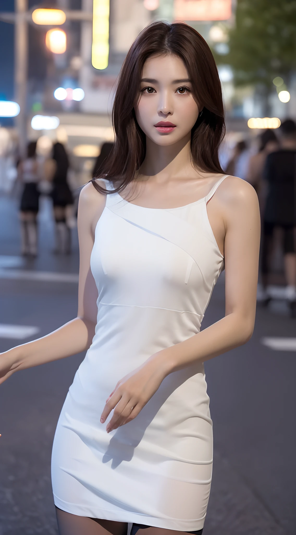 ((Realistic lighting、top-quality、8K、masterpiece:1.3))、Clear Focus:1.2、1girl in、Perfect Body Beauty:1.4、Slim abs:1.1、((dark brown hair))、(robe blanche:1.4)、(a room、natta:1.1)、、Superfine Face、Fine Eyes、二重まぶた、(Black stockings above the knee:1.5)、Sit on the bed、Underwear flickering