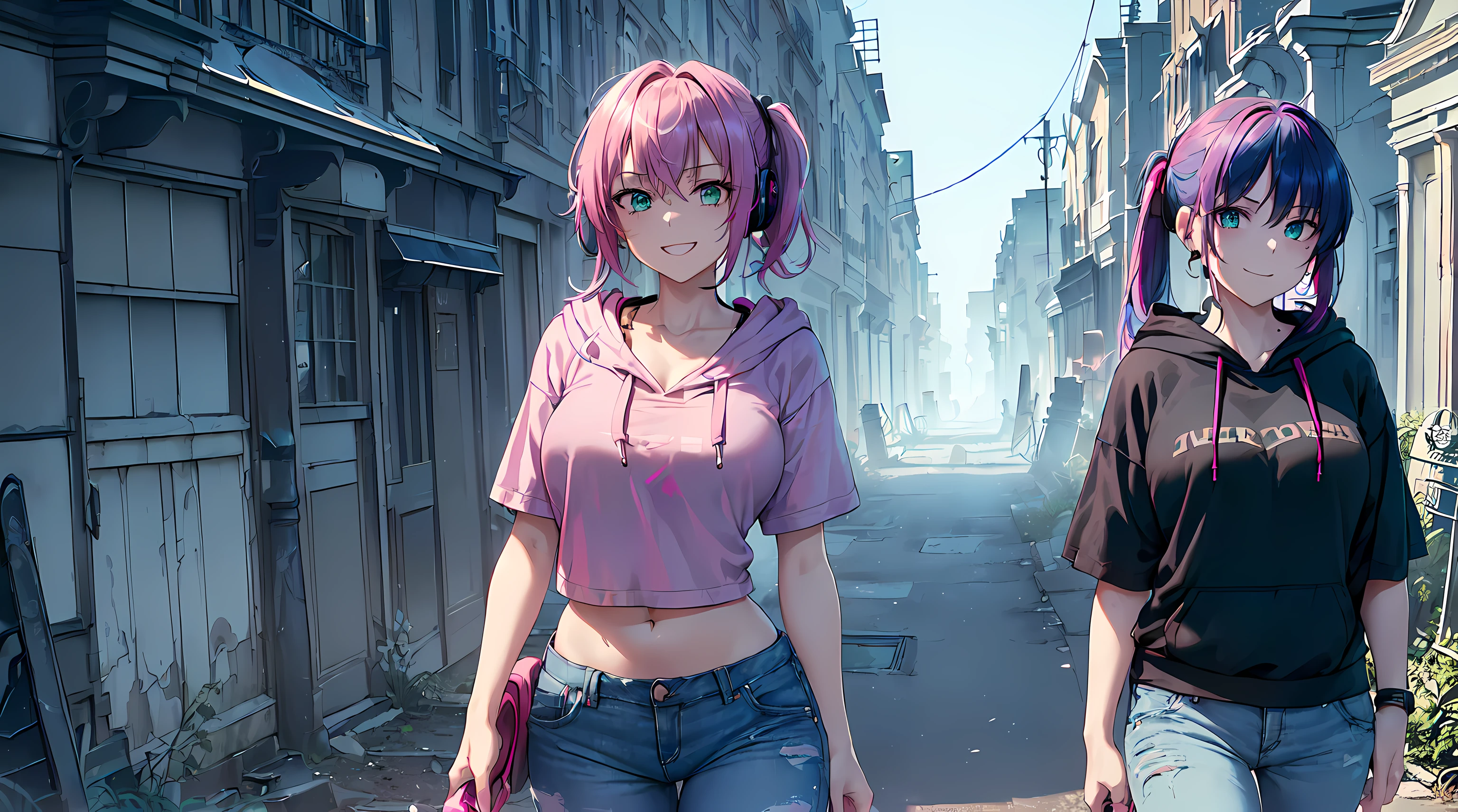 ​masterpiece, 1girl ((20year old, Black short sleeve hoodie exposes navel, tight blue jeans, medium breasts, multicolor pink hair, twin ponytails, green eyes, flirting, happy, big smile, headphones, walking in a street at night, very scary and abandoned graveyard with old Victorian styles homes, dark and spooky, creepy atmosphere))