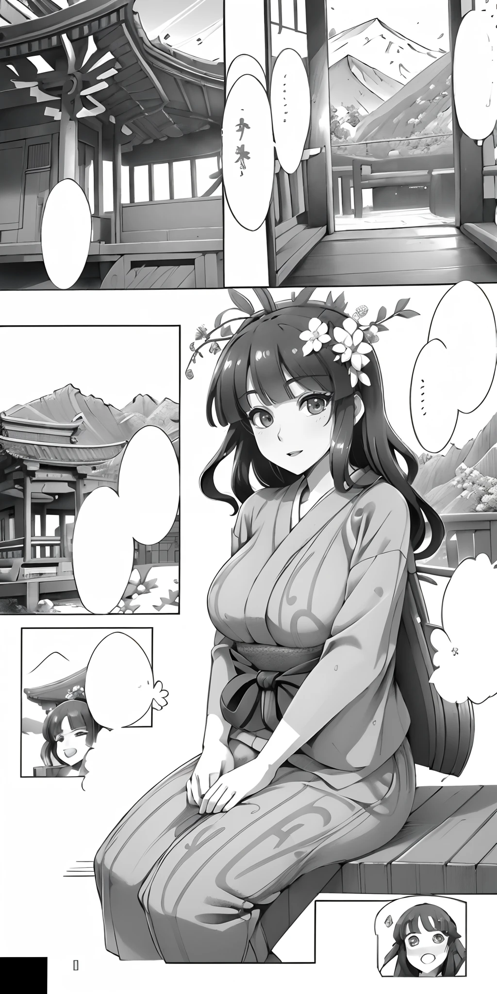 manga, best quality, a beautiful woman, (printed sexy short yukata), wavy hair, big gorgeous eyes, smile, parted lips, (sitting at the suburban shinto temple with elaborate details, lush vegetations and flowers with the mountain range in the background), afternoon, intricate details, soft tones, clean lines, perfect illustration, natural lighting, 8k