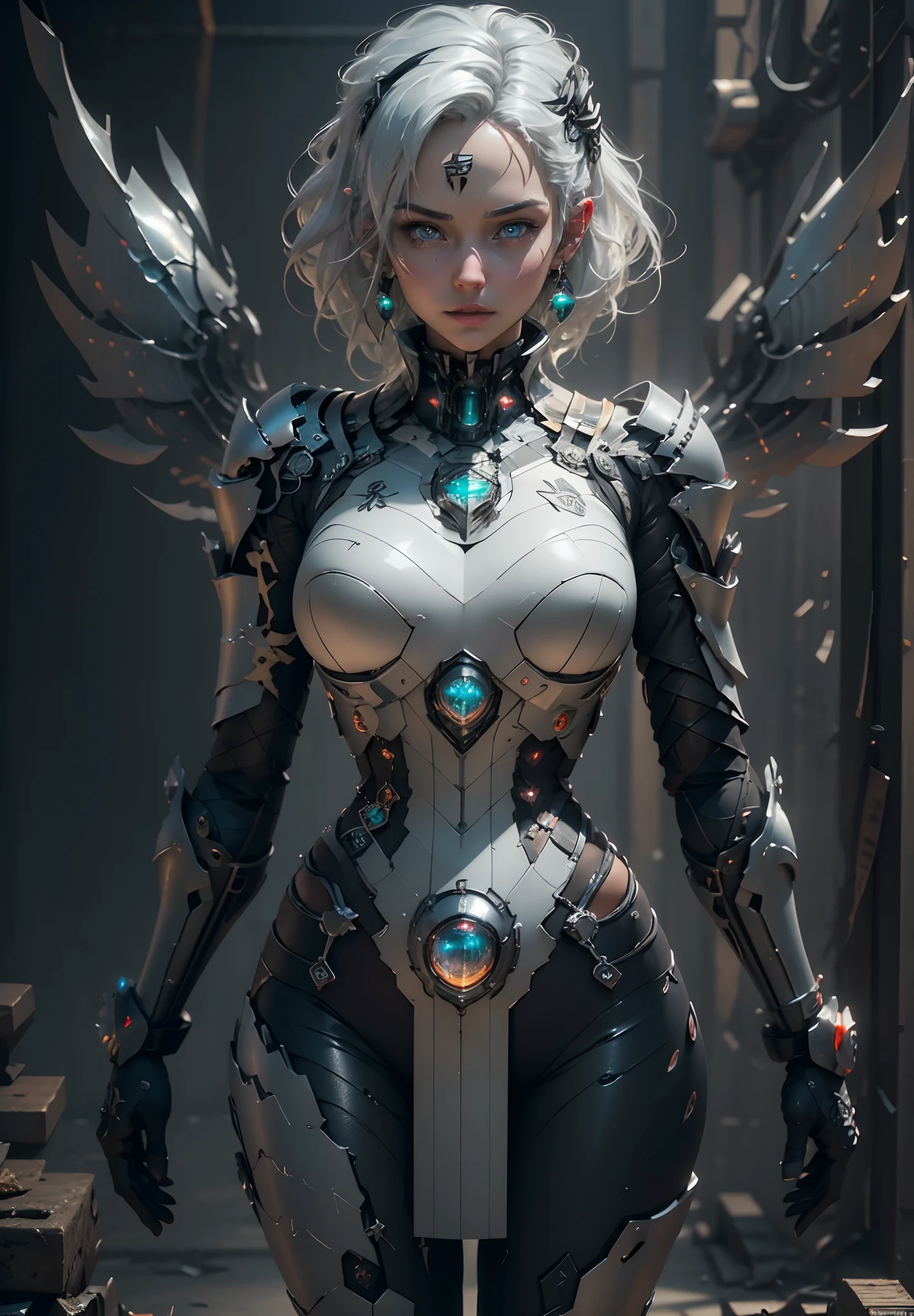 There's a woman in a futuristic leotard with wings standing in a dark sci Fi scenario, centered in front of the camera, standing still, beautiful cyborg angel girl, portrait of a cyborg queen, perfect cyborg woman, beutiful girl cyborg, 4k detailed digital art, 4k highly detailed digital art, stunning cgsociety, detailed fantasy digital art, 2. 5 d cgi anime fantasy artwork, cyberpunk robotic elvish queen