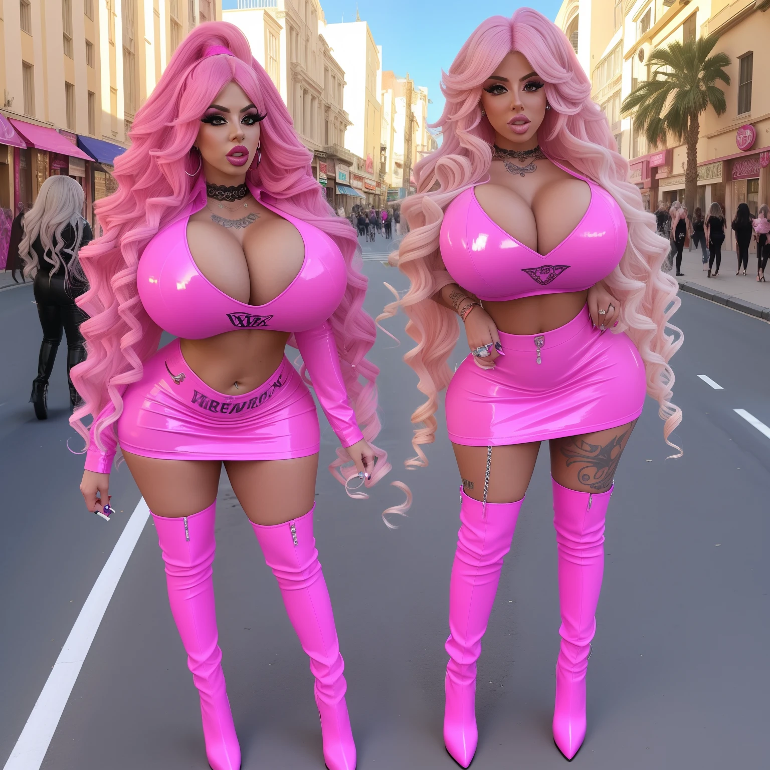 Bimbos, mature, milfs, huge fake lips, huge fake breasts, very fake tan, Louis Vuitton bag, tattoos, hair extensions, very long hair, curls, transgender bimbos, Holly hagan, geordie shore, bimbodolls, fake bimbodolls, silicone bimbosluts, fake transgender bimbos, arabic, bbw, thicc, standing, bellybutton piercing, rainbow colored hair, big hair, very high heels, masculine bimbos, shemales, Drag Queens, ahegao, smoking cigarette, bimbo makeup, crop top, pink latex, mini skirt, latex boots, huge cleavage, walking, outside, busy street, face detail, high quality, full body view