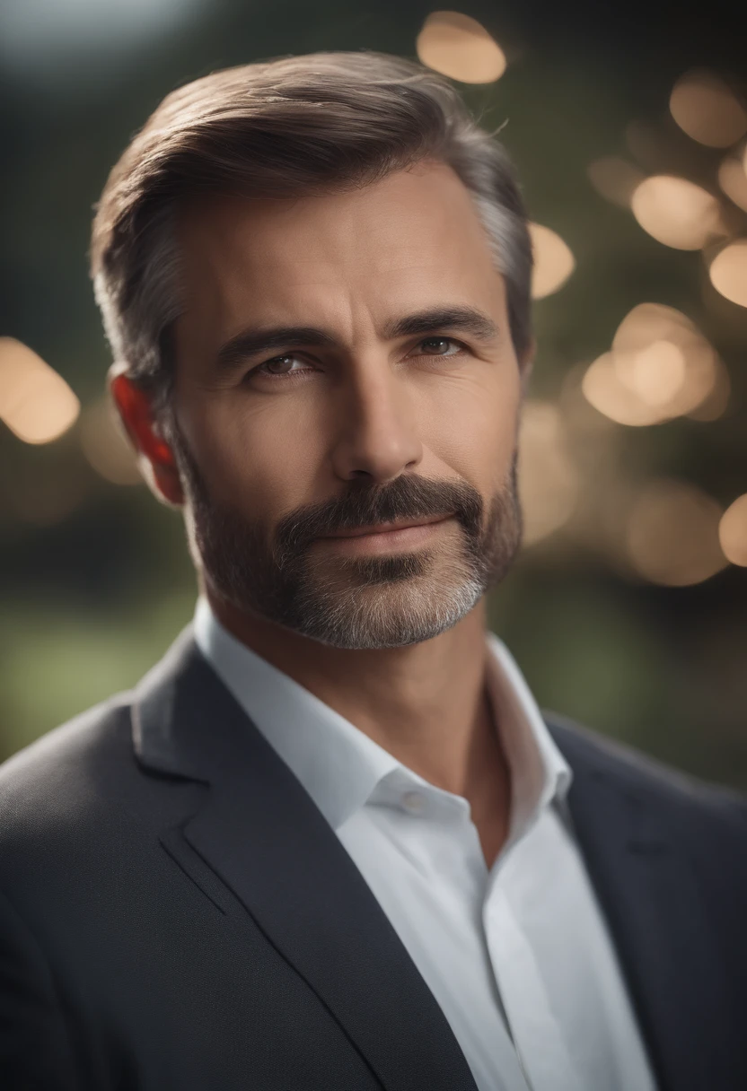 realistic portrait of middle-aged business professional, 100 ponds of weight, professionally dressed in a suit and tie, high-quality, highest resolution, standing straight, hands down, professional, beautiful detailed slightly brownish eyes , beautiful detailed lips, short beard, graying short hair, kind expression, warm smile, distinguished look, proper lighting, plain background, clean image with no blurry effect, ultra-detailed texture,masterpiece:1.2