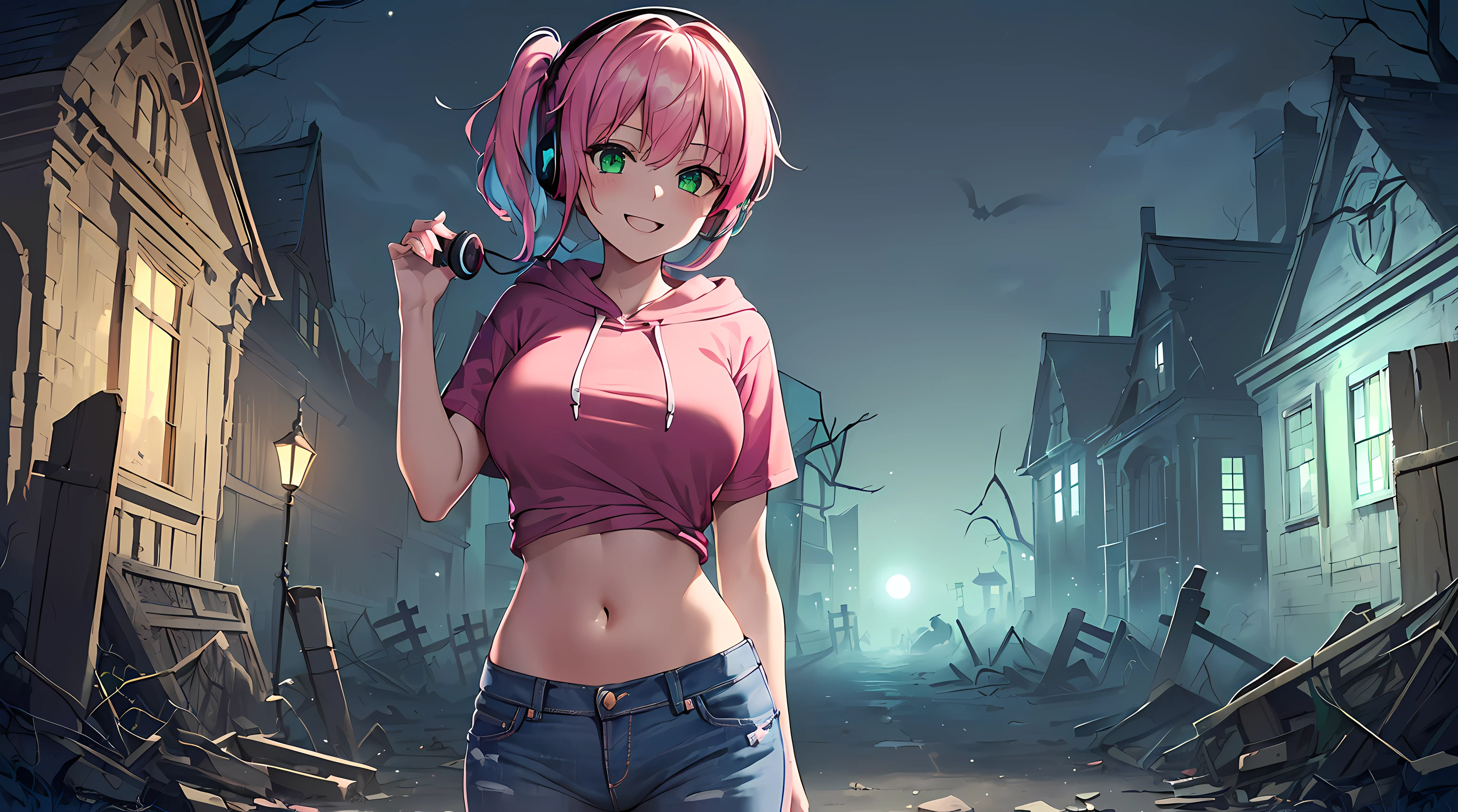 ​masterpiece, 1girl ((20year old, Black short sleeve hoodie exposes navel, tight blue jeans, medium breasts, multicolor pink hair, twin ponytails, green eyes, flirting, happy, big smile, headphones, standing in a graveyard at night, scary and abandoned old Victorian styles homes, dark and spooky night atmosphere)), ((nighttime))