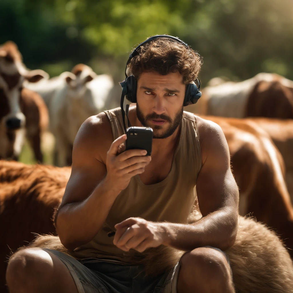(Homem realista macabro controla milhares de vacas com um aparelho celular )
(best quality, ultra-detalhado, Realistic:1.37), HDR, studio lighting, extreme detail description, profissional, vivid colors, Arena de rodeio suja, Terrified expression, Realistic texture, cabelo e pele detalhados, tons castanhos e terrosos, dramatic lighting.