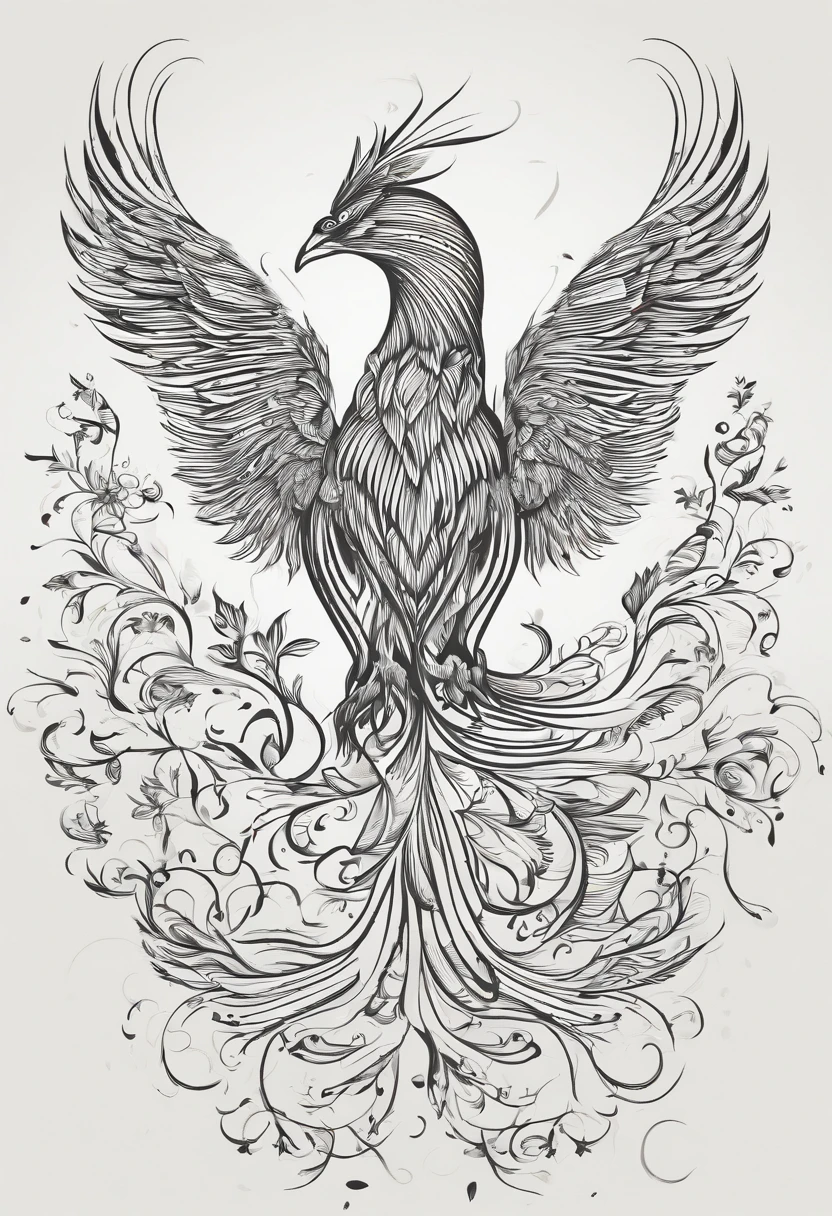 A phoenix,Look down at the flying phoenix,The flowing phoenix tail faces upwards,Crested heads up,Logo design,A line