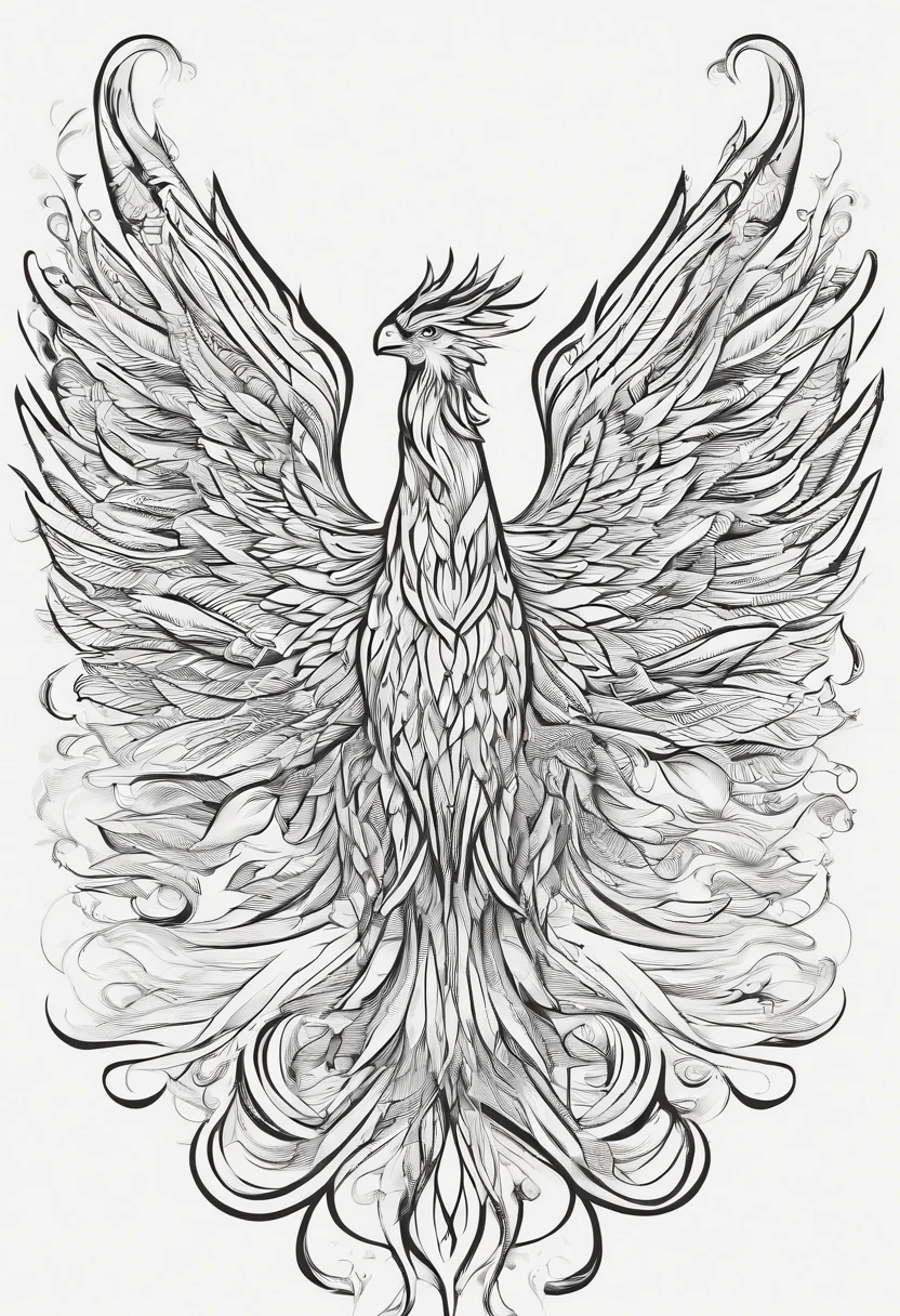 A phoenix，Look down at the flying phoenix，The flowing phoenix tail faces upwards，Crested heads up，Logo design，A line