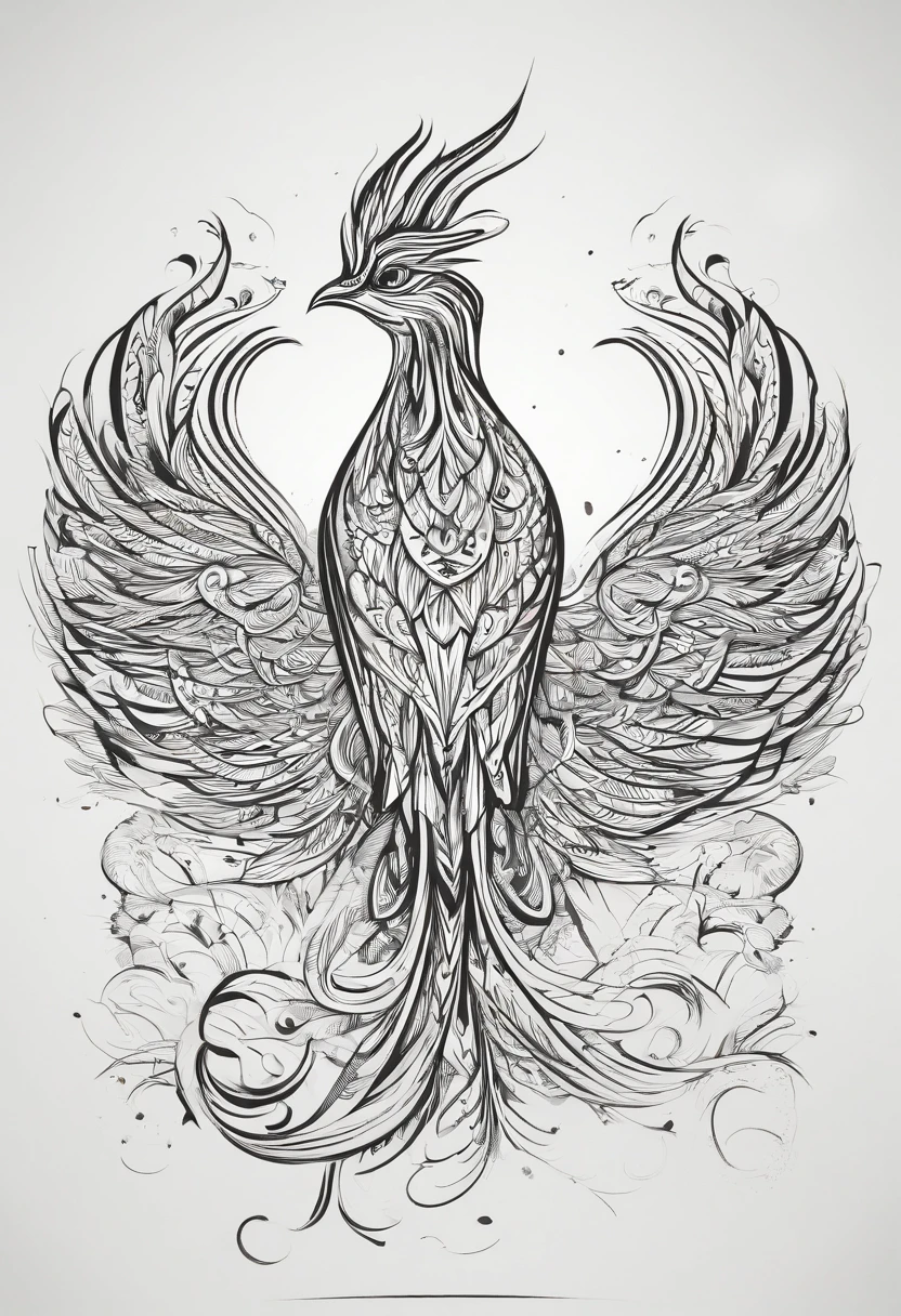 A phoenix，Look down at the flying phoenix，The flowing phoenix tail faces upwards，Crested heads up，Logo design，A line
