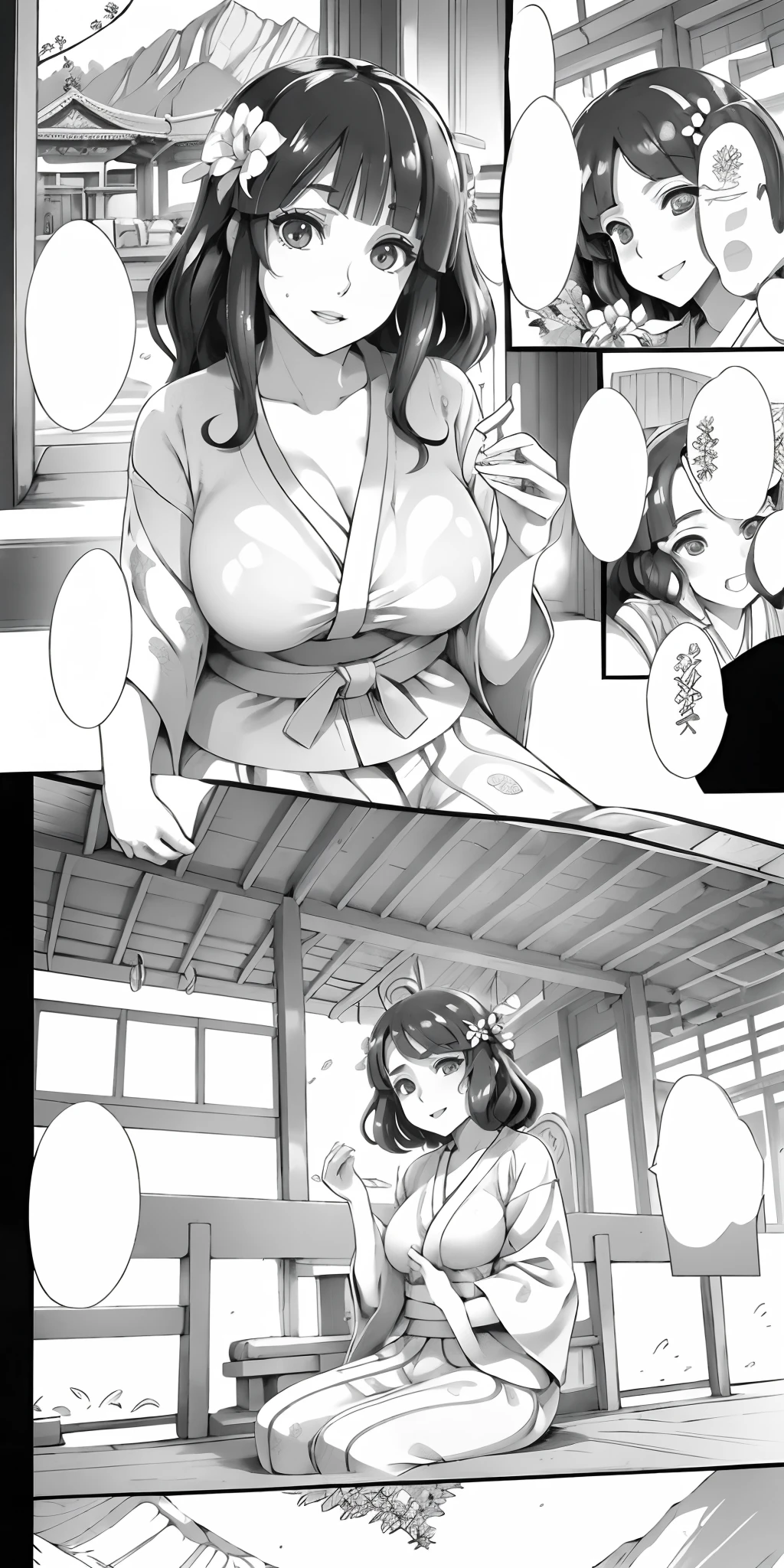 a cartoon of a man and a woman in bikinis, black and white page sleeve, oppai, page sleeve, grin, black and white manga panel, black and white manga comic, doujin, manga style, black and white manga, on knees, backlit, On your knees, touching his clothes, detailed manga style, thigh focus