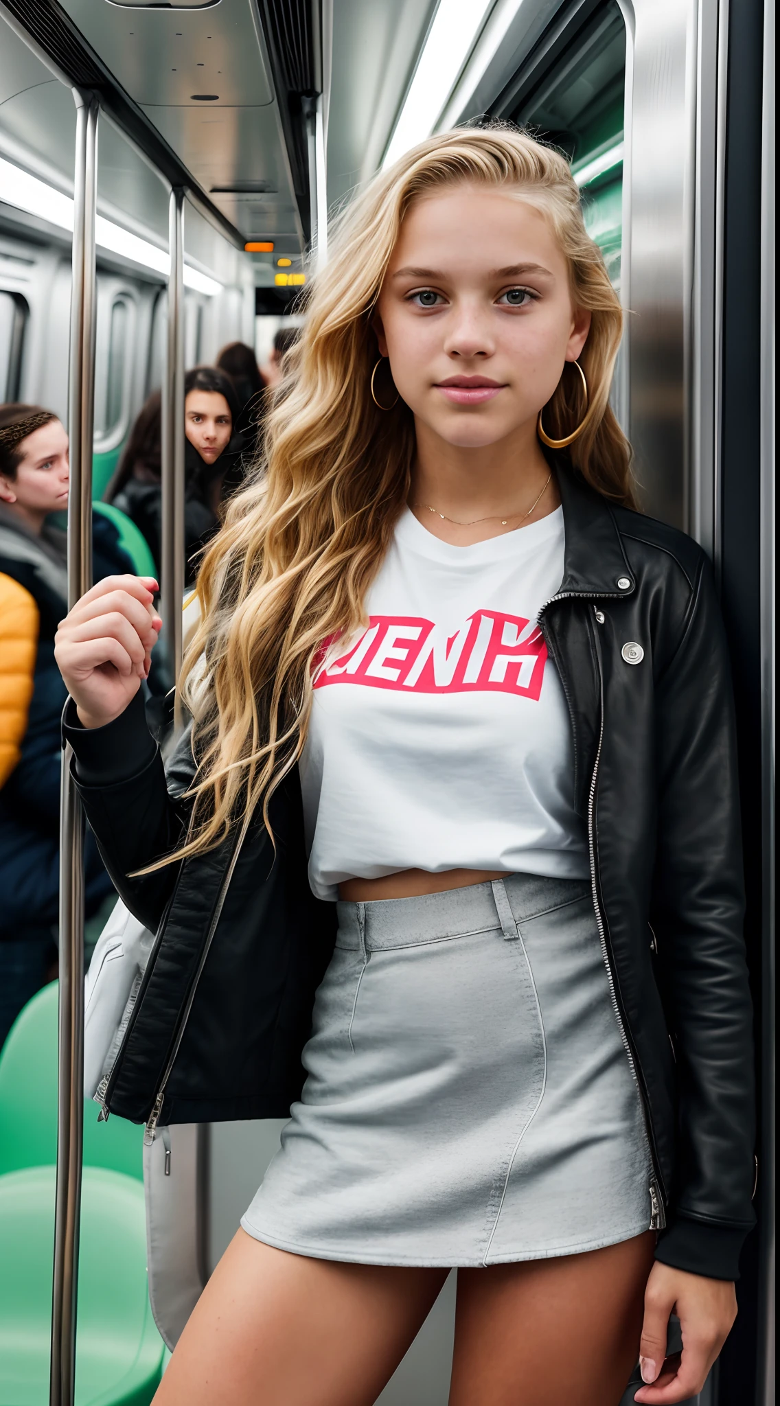 (()), beautiful girl, freckles on her face, light green eyes, large earrings, white t-shirt, jacket, mini skirt, black tights, heeled boots, full body, shot from below, very light skin , very long hair, wavy hair , blonde hair, busy subway car, photorealistic, indirect lighting, volumetric light, ray tracing, hyper-detailed, best quality, ultra-high resolution, HDR, 8k
