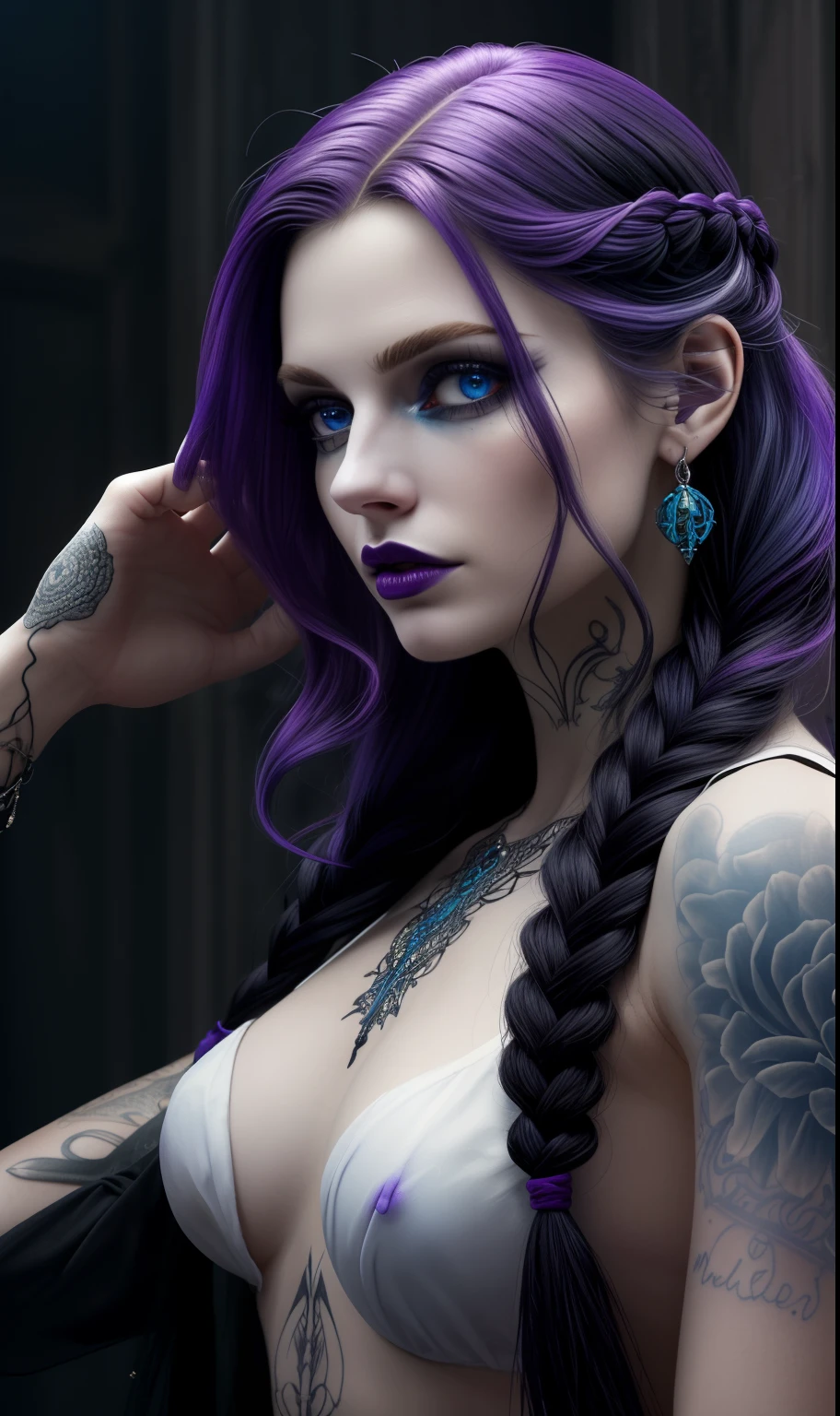(masterpiece, best quality:1.2), extremely detailed, detailed hair, soft skin,
1woman witch, solo, standing, upper body
Gradient colored hair (white, purple and black hair), long hair, intricate braided hair
Piercing blue eyes, long eyelashes, thick eyelashes, looking at viewer,
Modern witch clothing, intricate details, jewelry, tattoos
,