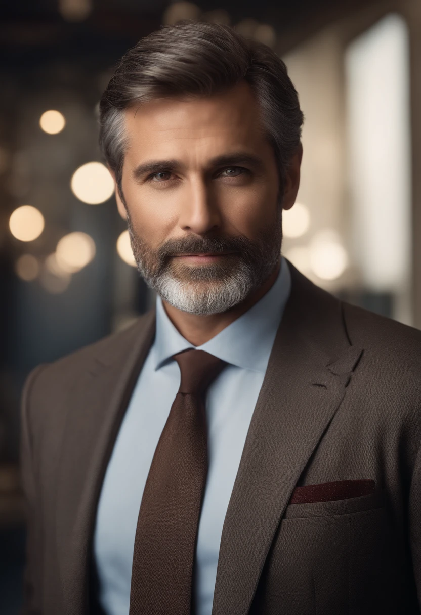 realistic image of middle-aged business professional, 100 ponds of weight, professionally dressed in a suit and tie, high-quality, highest resolution, standing position, hands down, professional, beautiful detailed slightly brownish eyes , beautiful detailed lips, short beard, graying short hair, kind expression, warm smile, distinguished look, proper lighting, plain background, clean image with no blurry effect, ultra-detailed texture,masterpiece:1.2